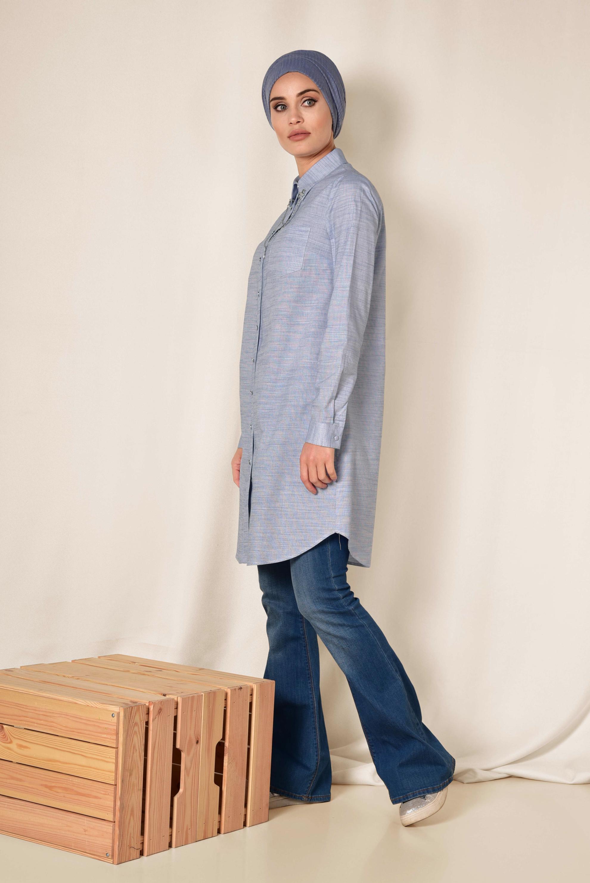 Tesettür giyim LACİVERT YAKASI ZİNCİRLİ ÖNDEN DÜĞMELİ TUNİK 4987