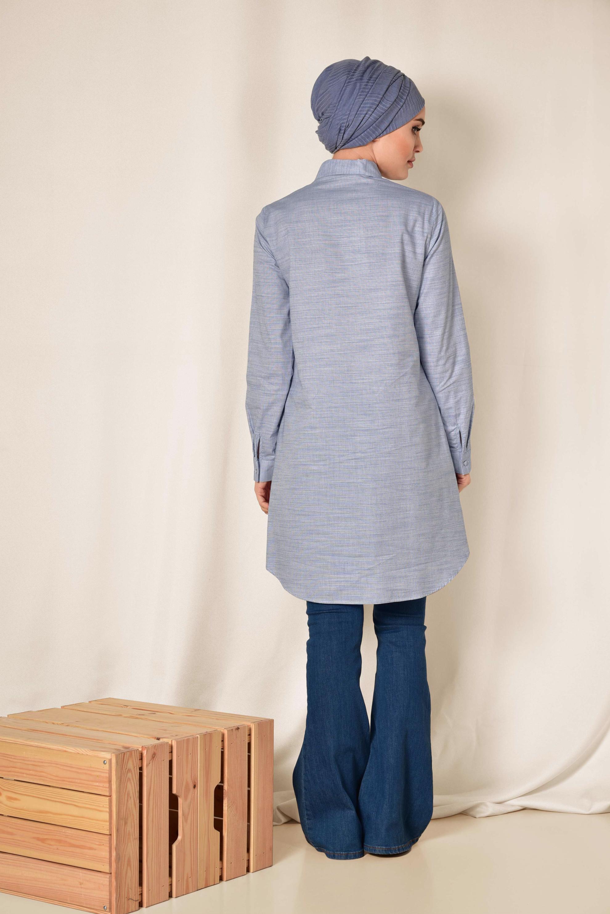 Tesettür giyim LACİVERT YAKASI ZİNCİRLİ ÖNDEN DÜĞMELİ TUNİK 4987