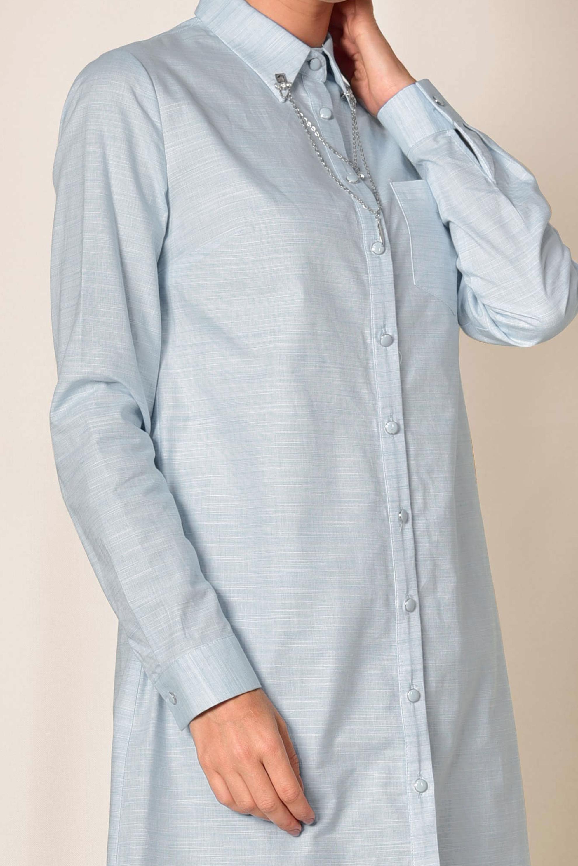 Tesettür giyim MAVİ YAKASI ZİNCİRLİ ÖNDEN DÜĞMELİ TUNİK 4987