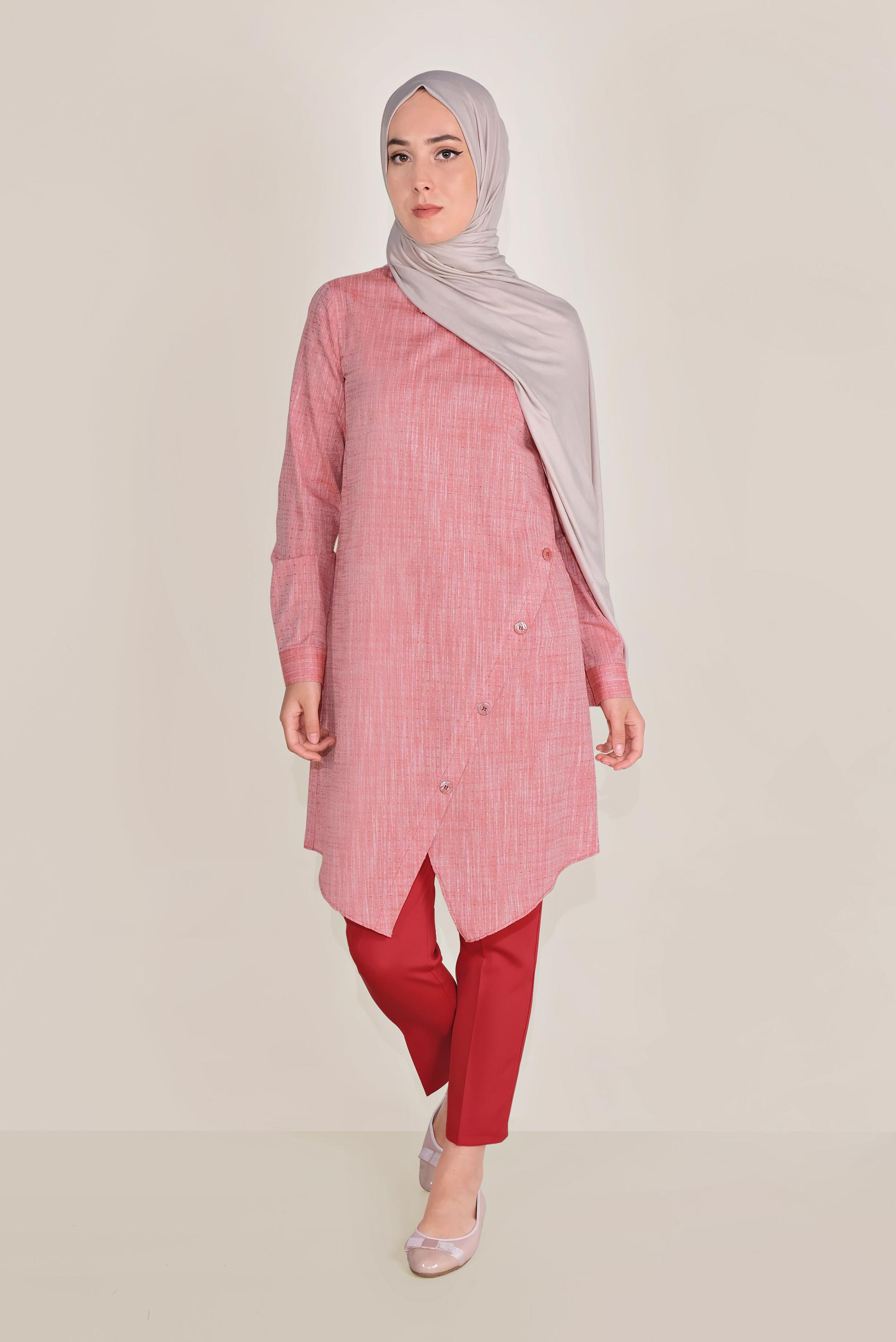 Tesettür giyim KIRMIZI PAMUKLU DÜĞMELİ ERKEK YAKA TUNİK 40576-1
