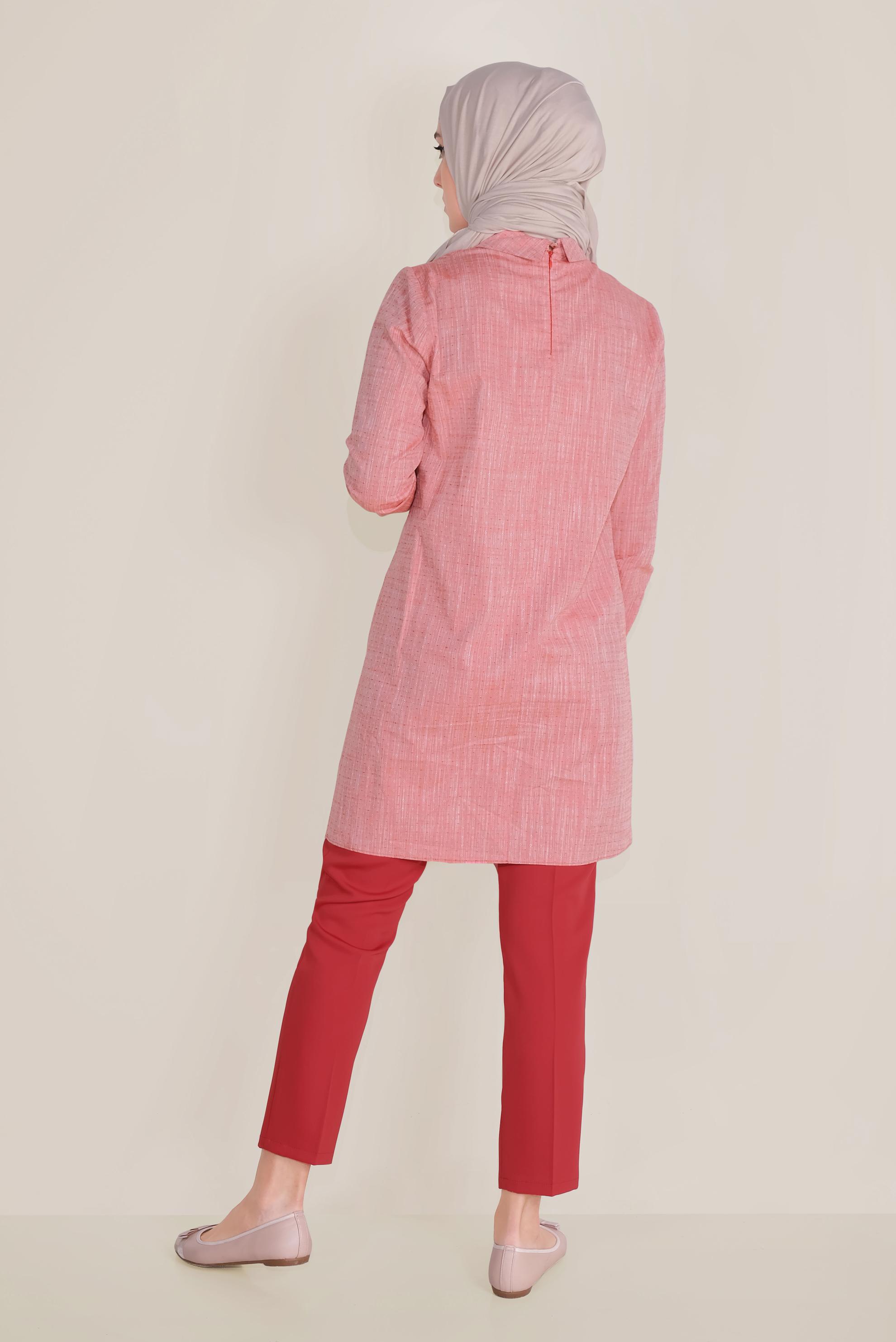 Tesettür giyim KIRMIZI PAMUKLU DÜĞMELİ ERKEK YAKA TUNİK 40576-1