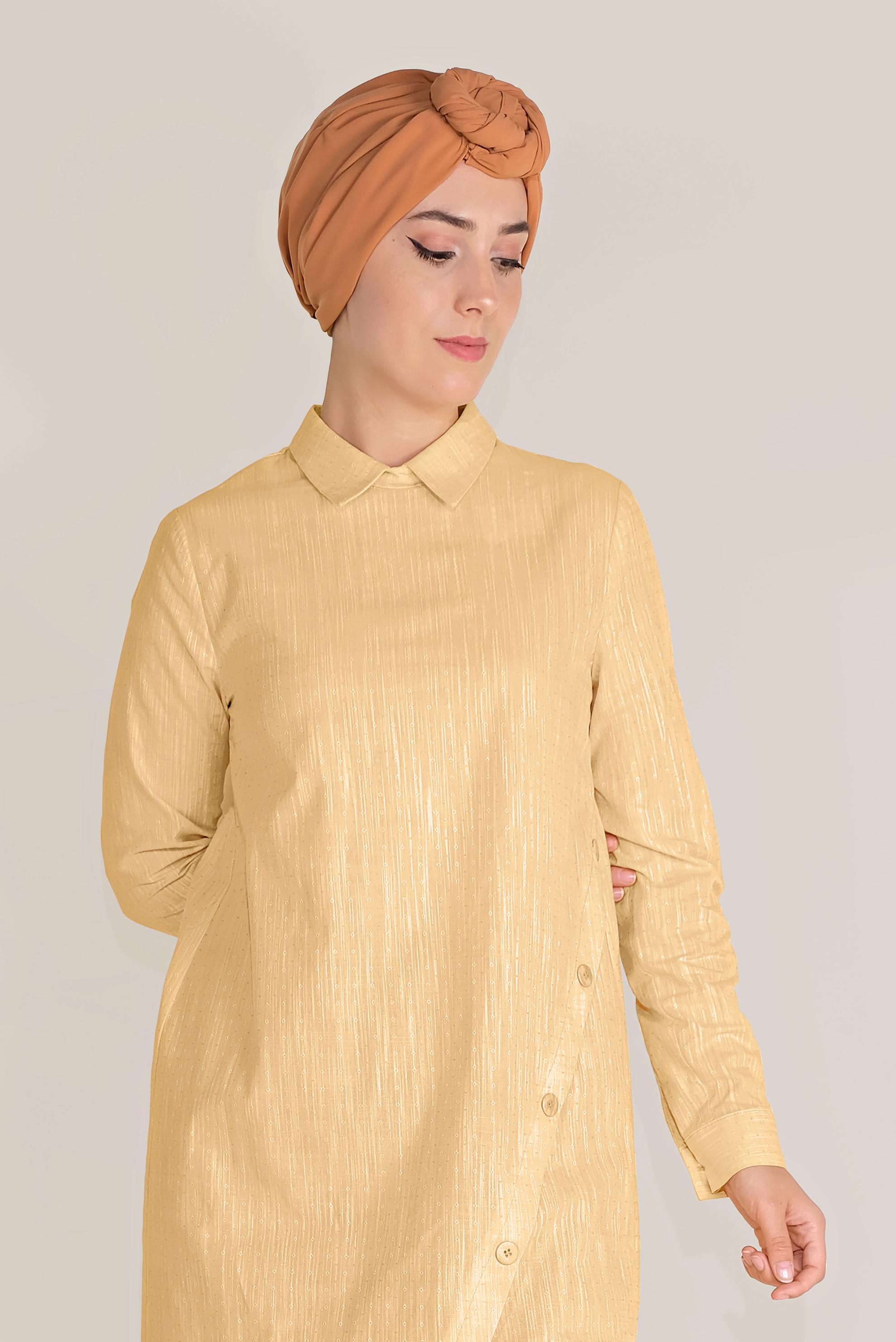 Tesettür giyim SARI PAMUKLU DÜĞMELİ ERKEK YAKA TUNİK 40576-1