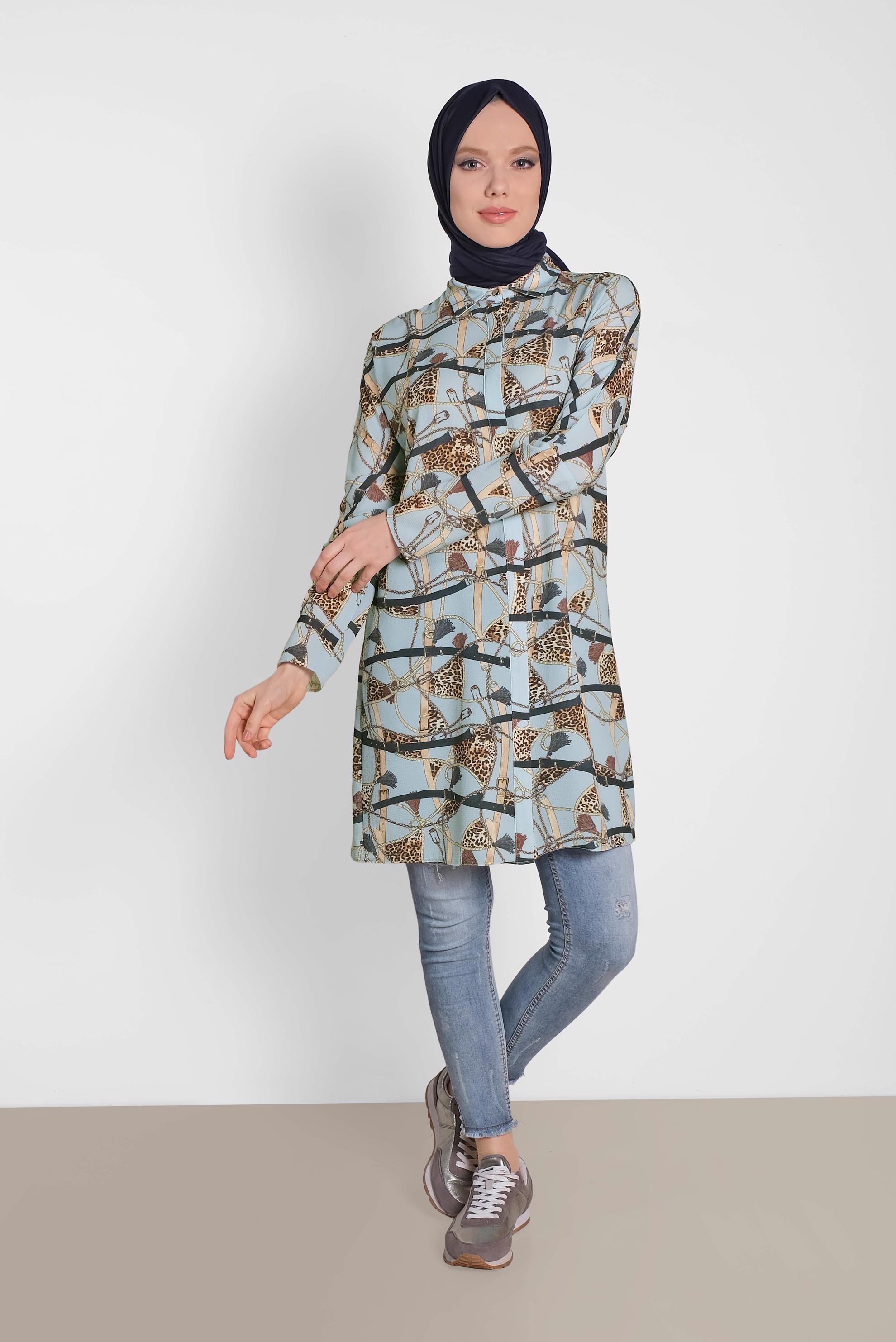 Tesettür giyim MAVİ GİZLİ DÜĞMELİ DESENLİ TUNİK 4492-1