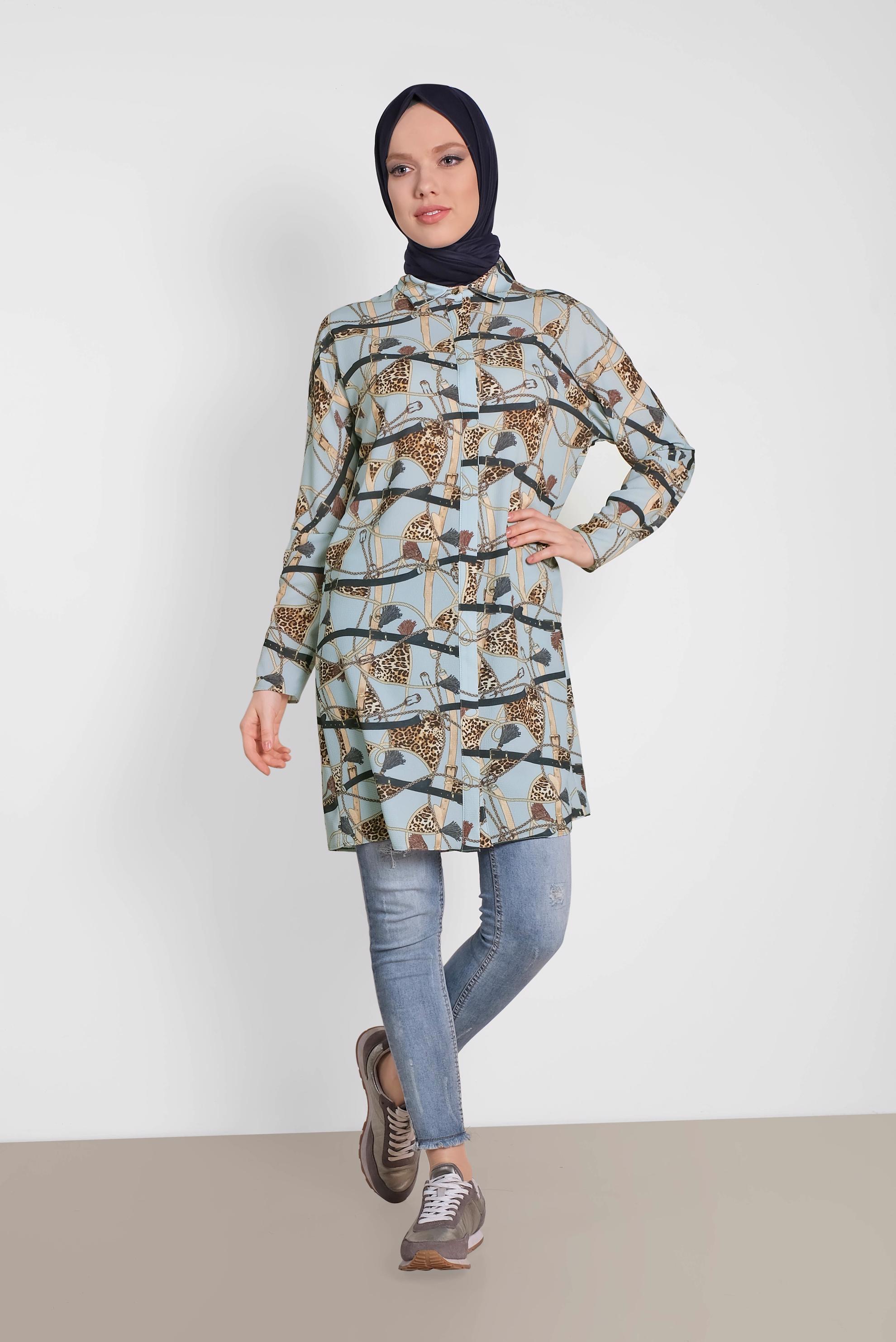 Tesettür giyim MAVİ GİZLİ DÜĞMELİ DESENLİ TUNİK 4492-1