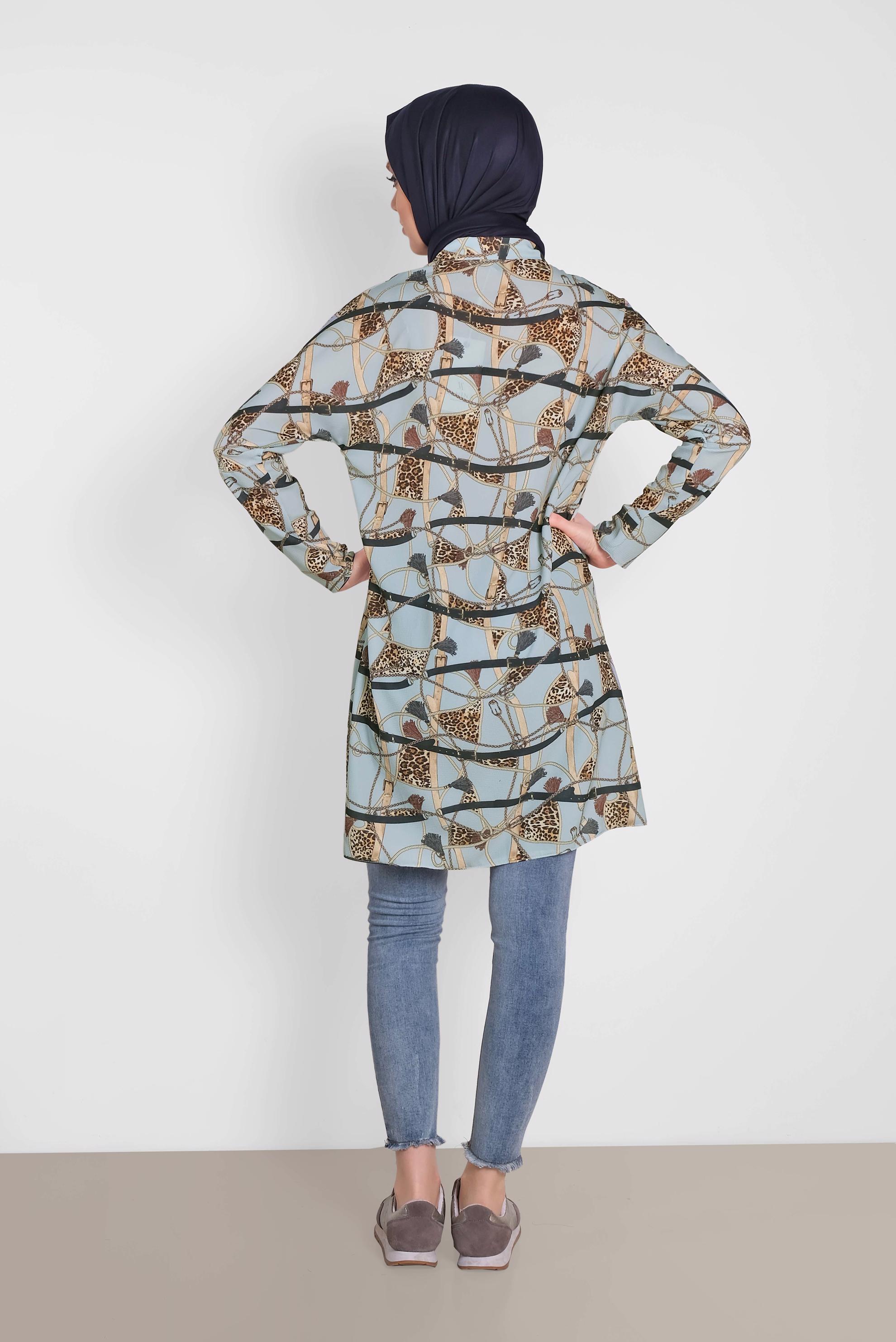 Tesettür giyim MAVİ GİZLİ DÜĞMELİ DESENLİ TUNİK 4492-1