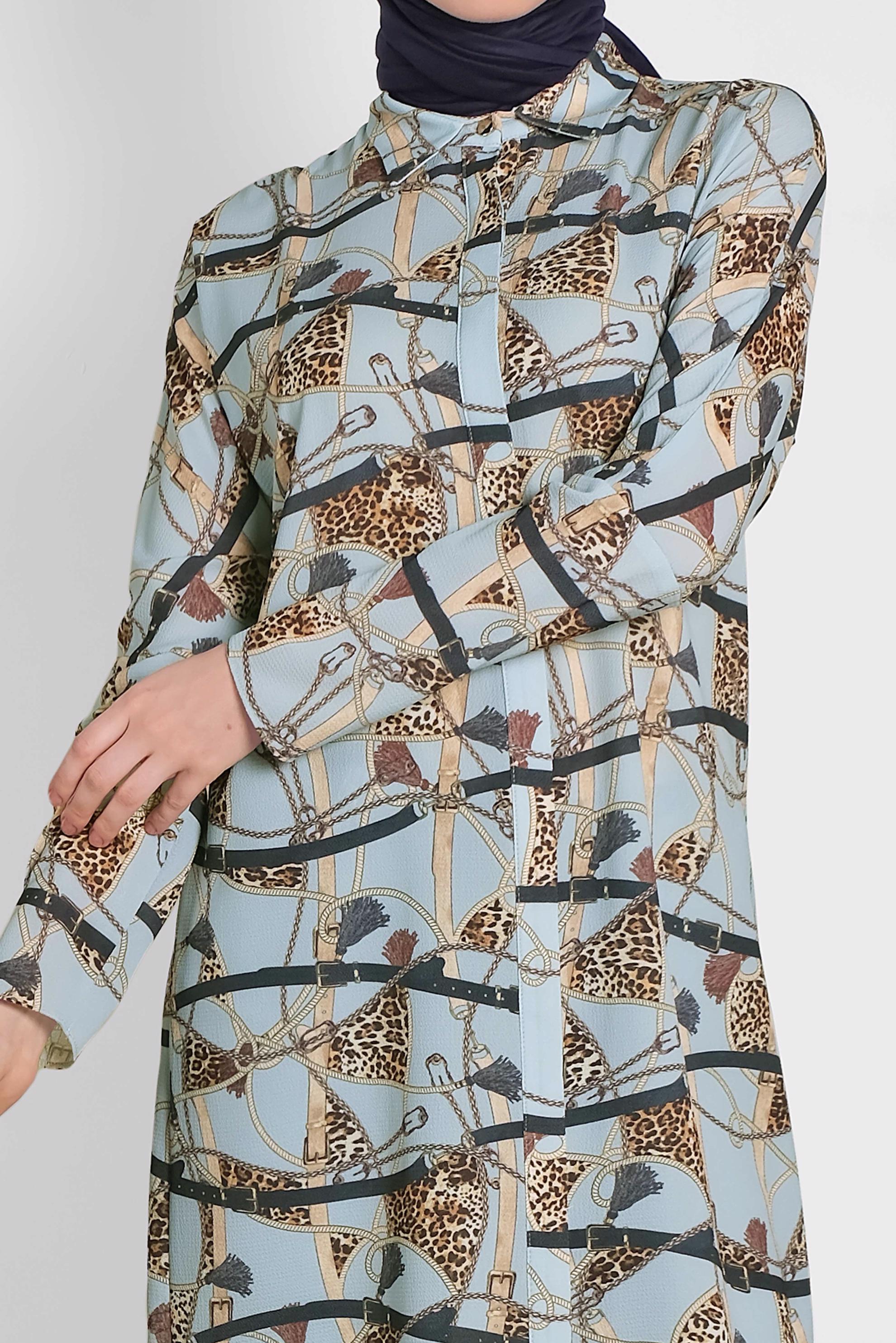 Tesettür giyim MAVİ GİZLİ DÜĞMELİ DESENLİ TUNİK 4492-1