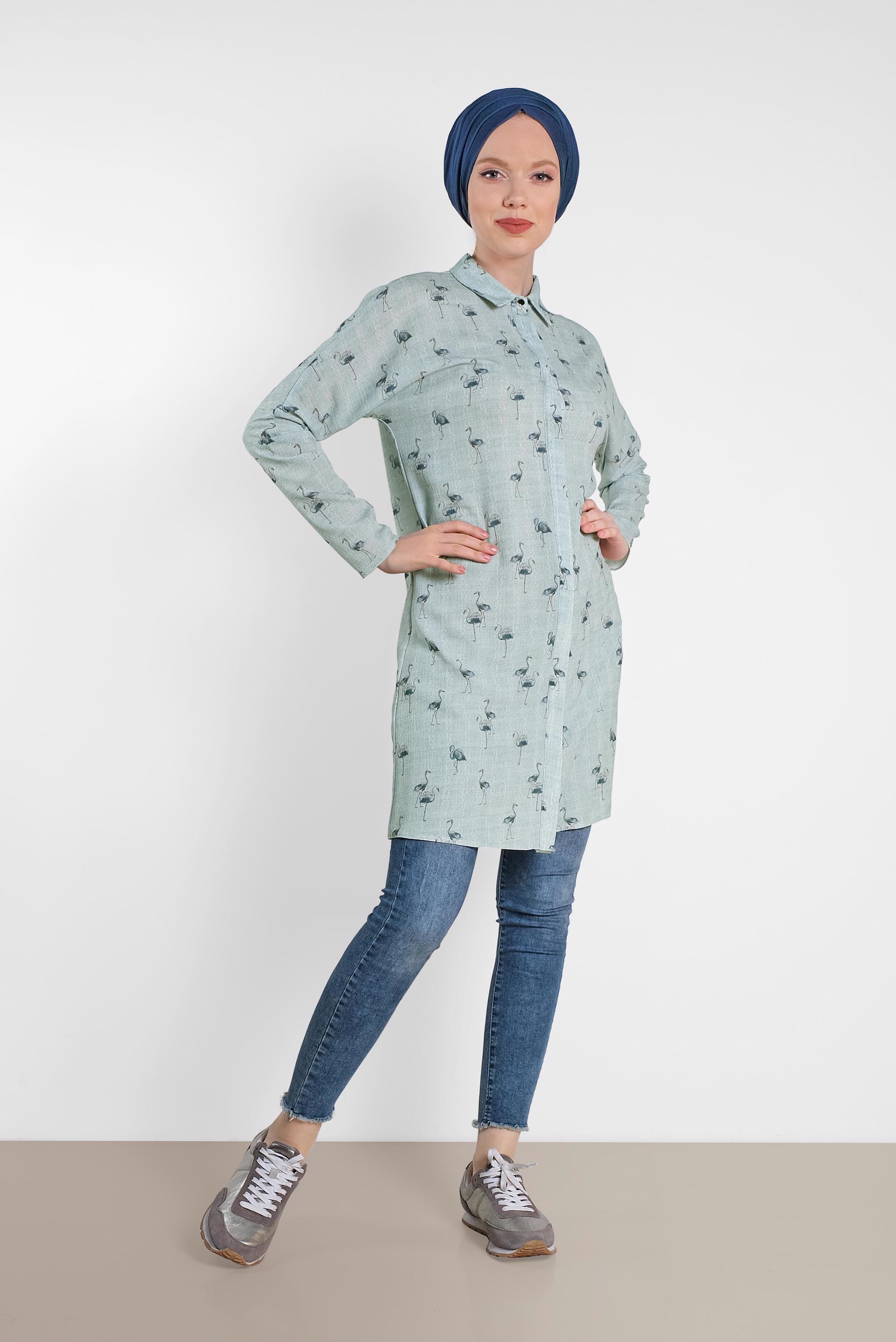 Tesettür giyim MAVİ FLAMİNGO DESENLİ TUNİK 4492-4