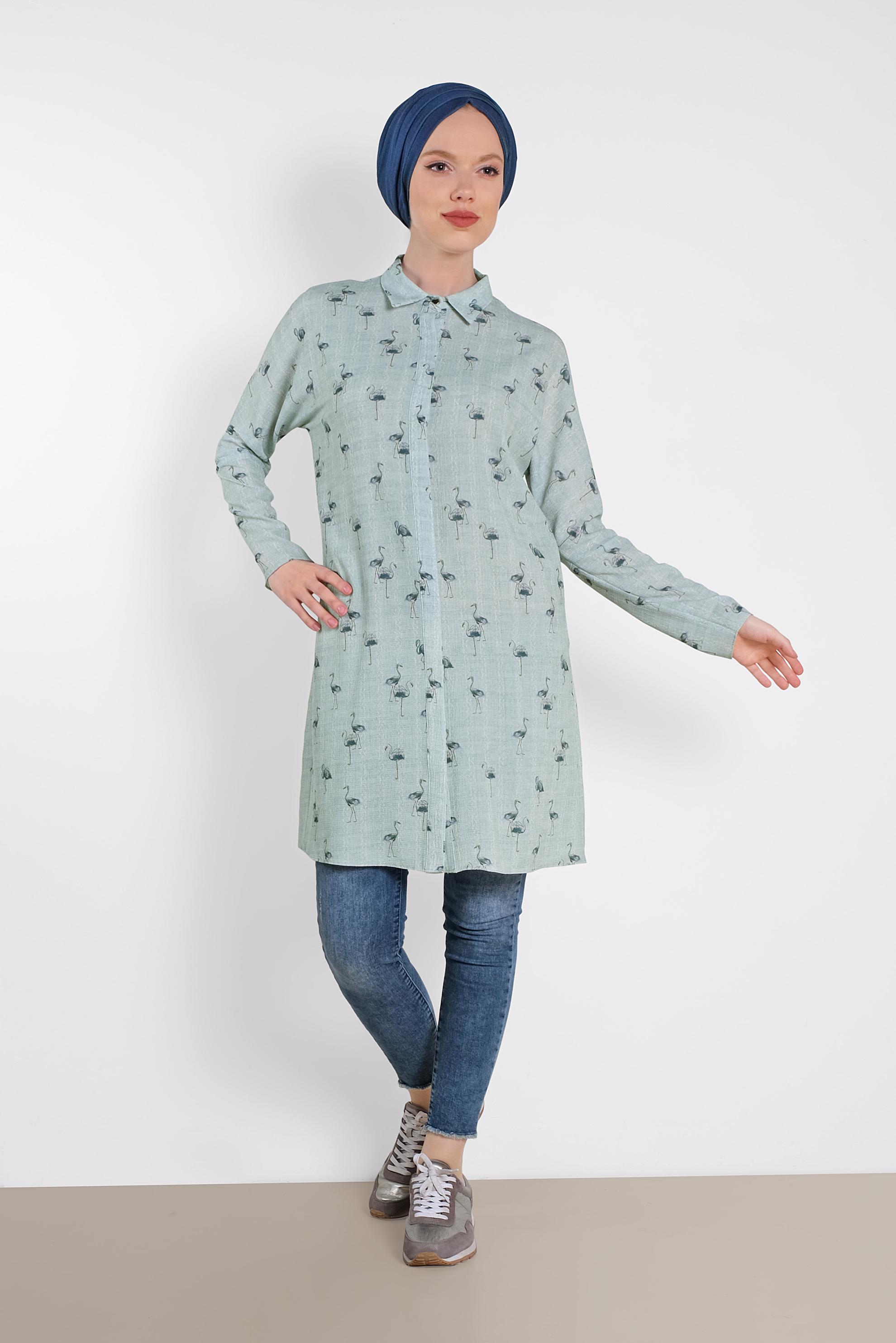 Tesettür giyim MAVİ FLAMİNGO DESENLİ TUNİK 4492-4