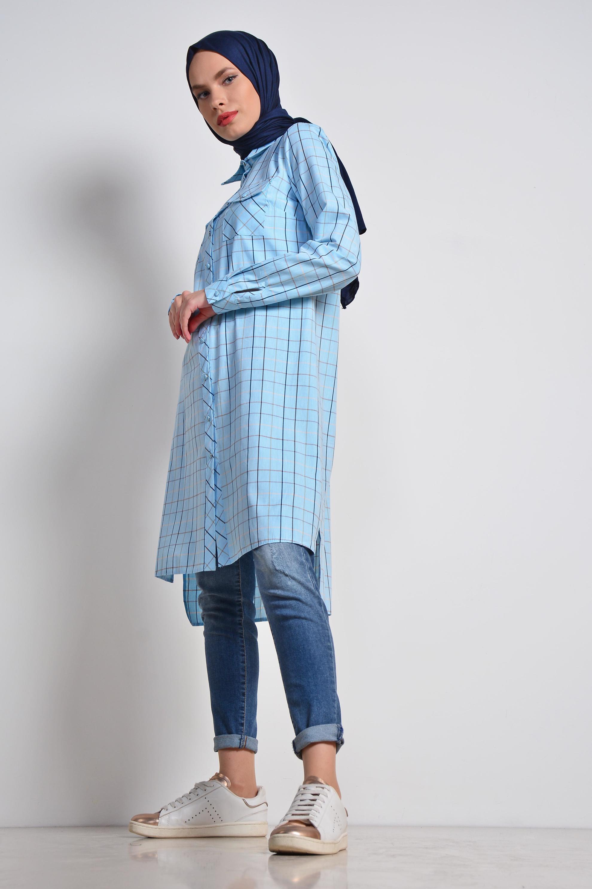 Tesettür giyim MAVİ KARELİ DÜĞMELİ TUNİK 4980-1