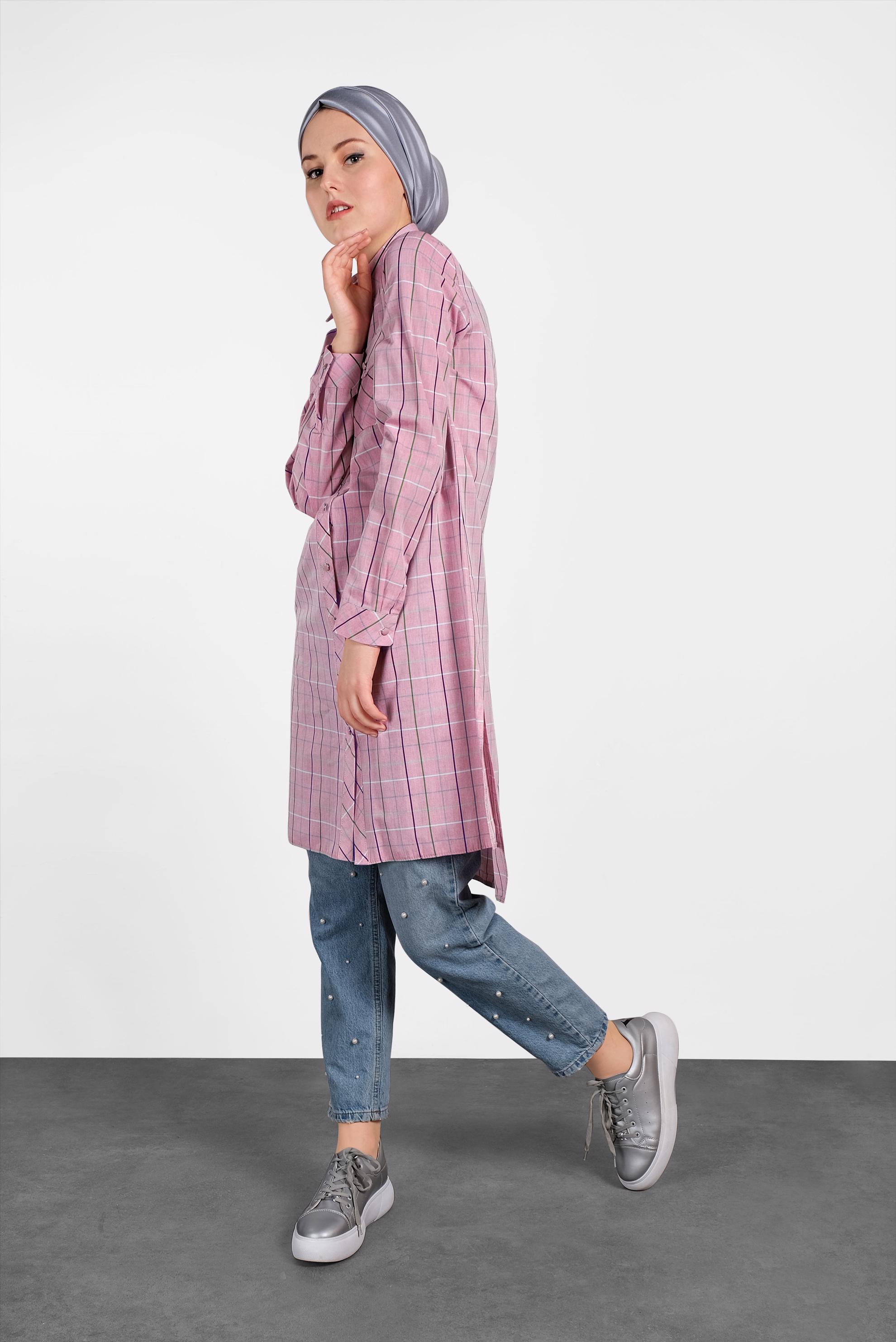 Tesettür giyim KIRMIZI KARELİ DÜĞMELİ TUNİK 4980-1