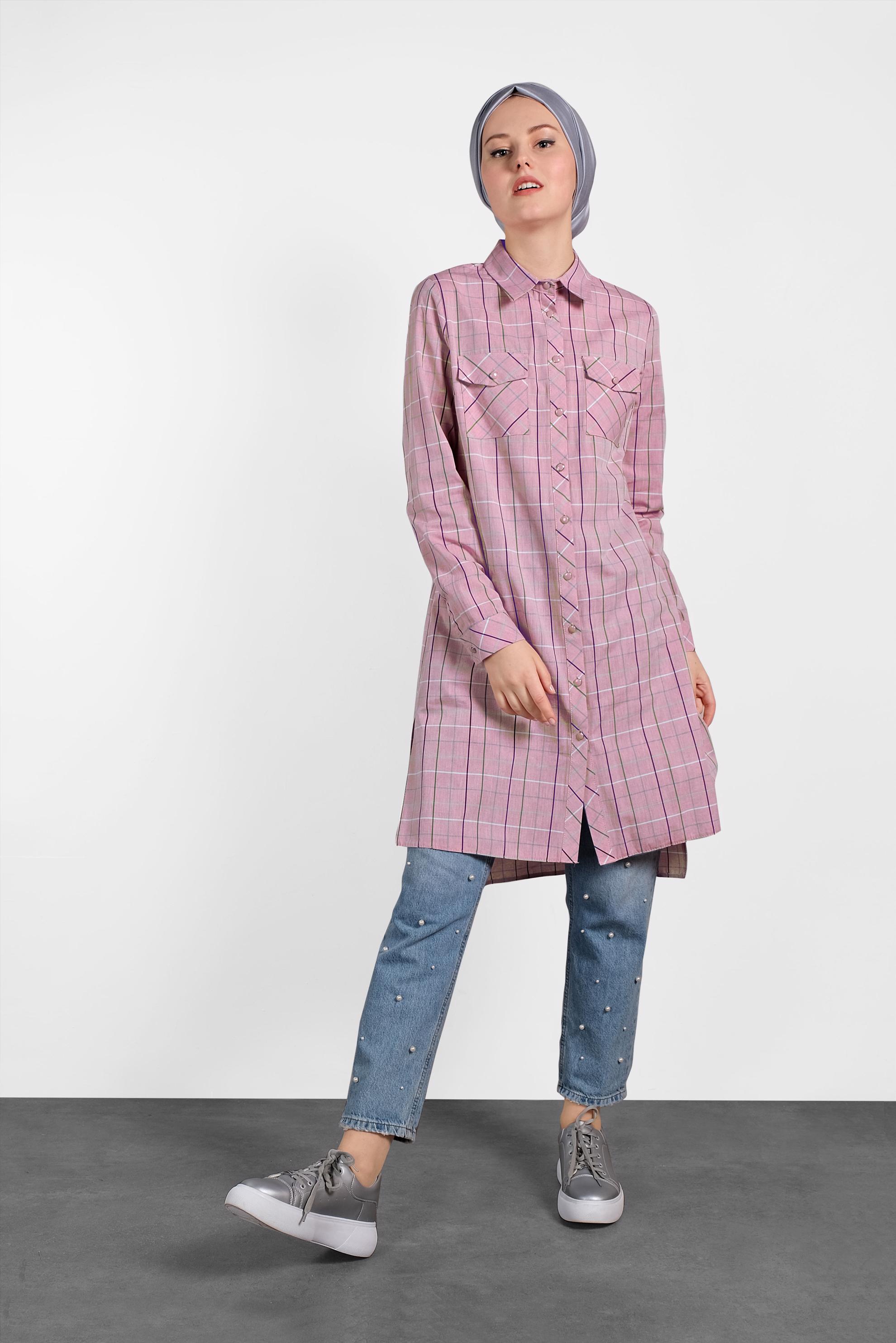 Tesettür giyim KIRMIZI KARELİ DÜĞMELİ TUNİK 4980-1