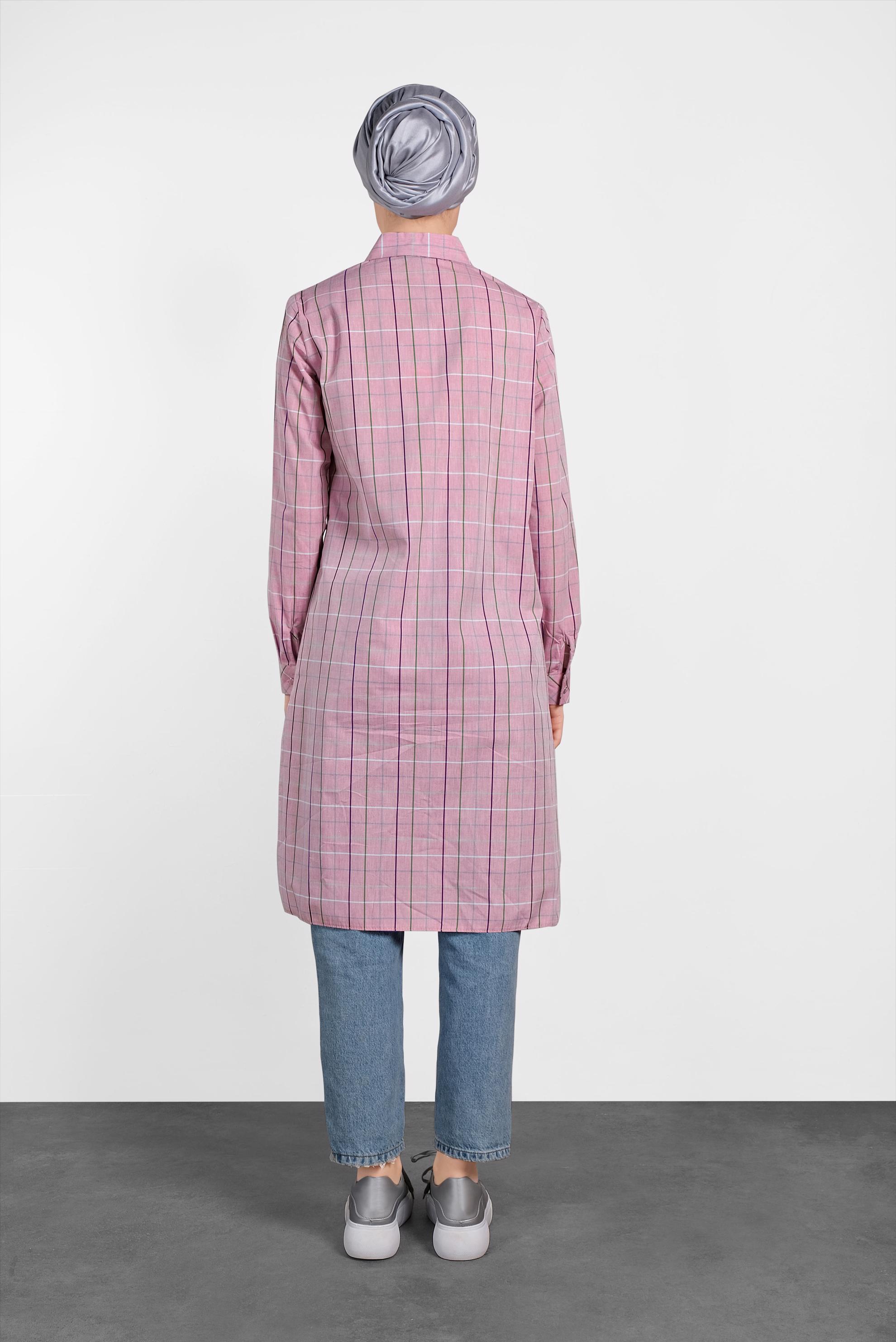 Tesettür giyim KIRMIZI KARELİ DÜĞMELİ TUNİK 4980-1