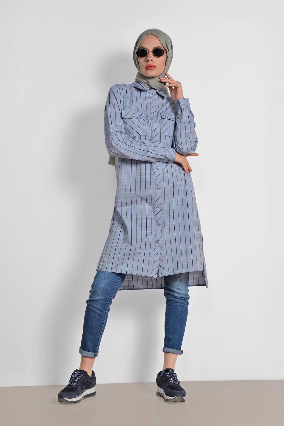 Tesettür giyim LACİVERT KARELİ DÜĞMELİ TUNİK 4980-1