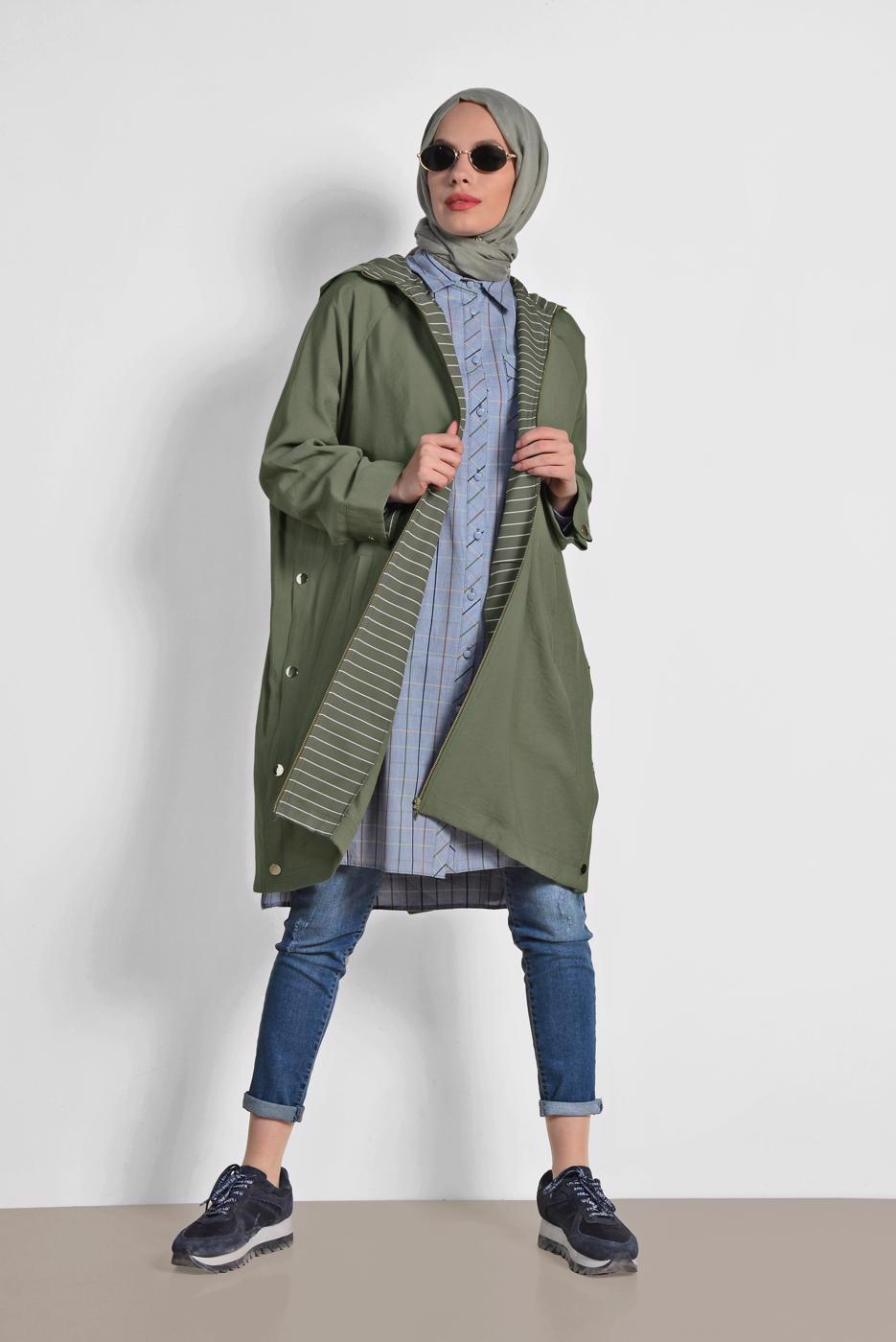 Tesettür giyim LACİVERT KARELİ DÜĞMELİ TUNİK 4980-1