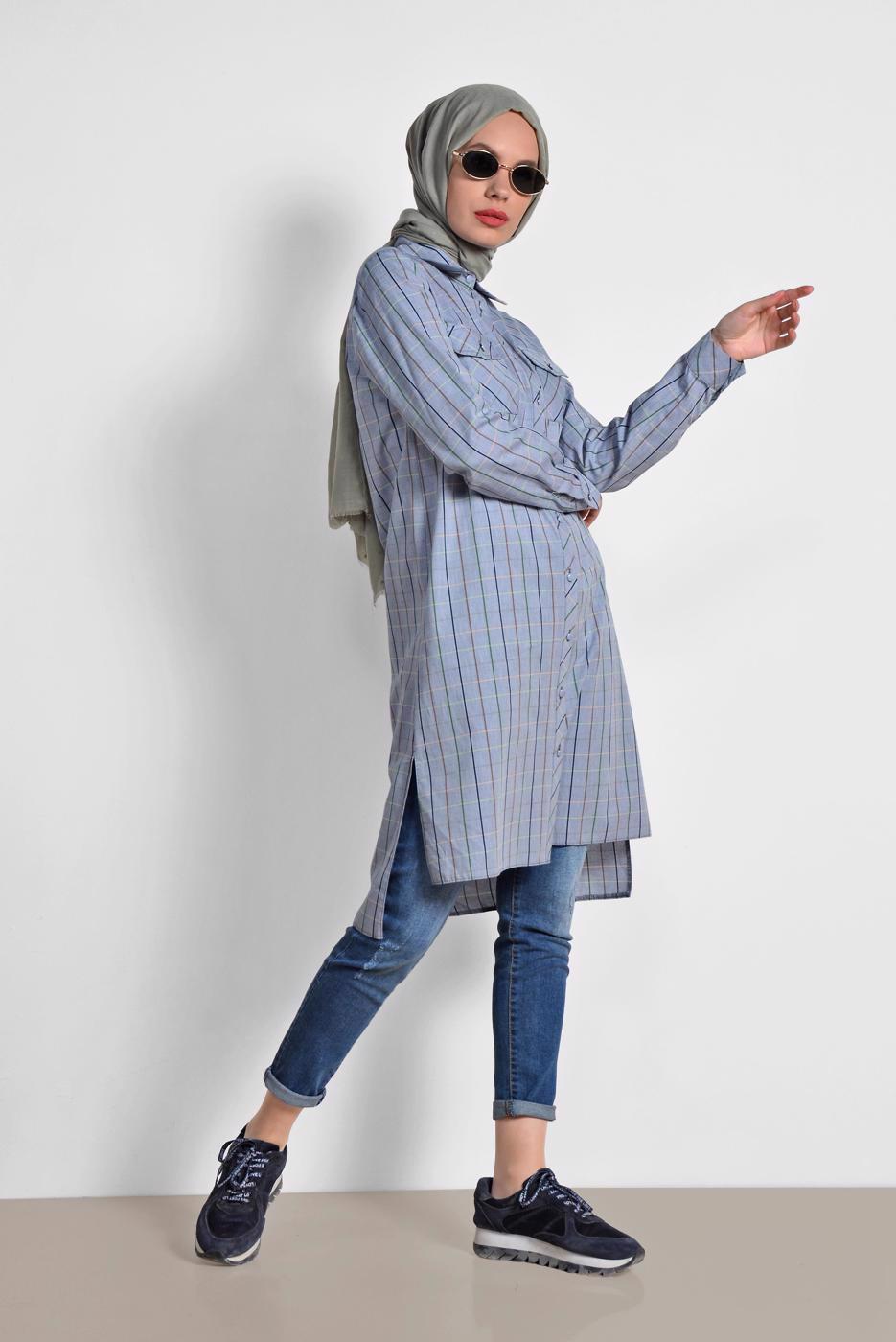 Tesettür giyim LACİVERT KARELİ DÜĞMELİ TUNİK 4980-1