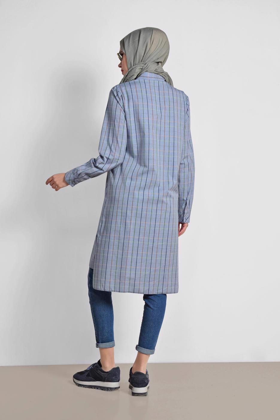 Tesettür giyim LACİVERT KARELİ DÜĞMELİ TUNİK 4980-1