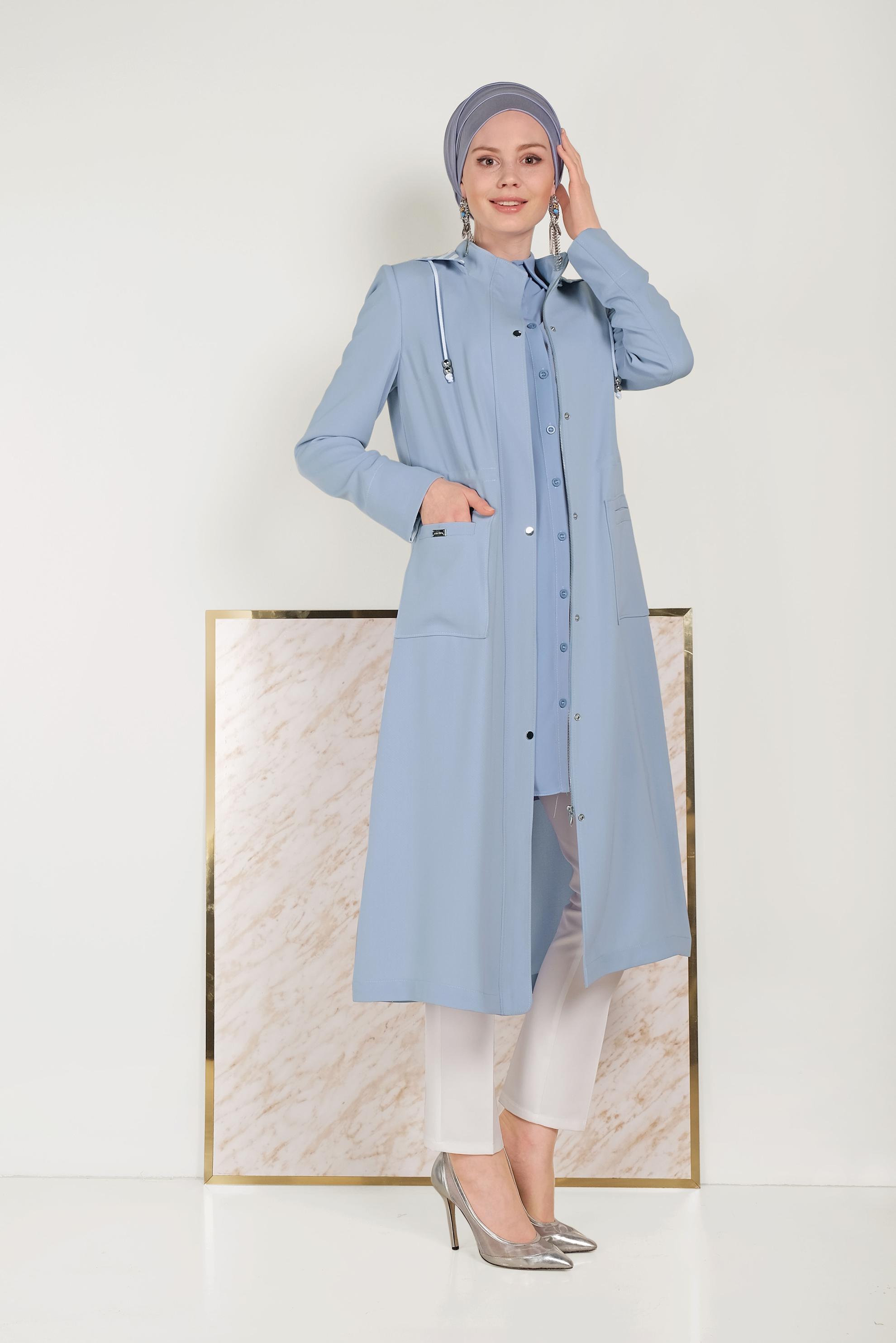 Tesettür giyim MAVİ KAPÜŞONLU FERMUARLI TRENÇKOT 10150