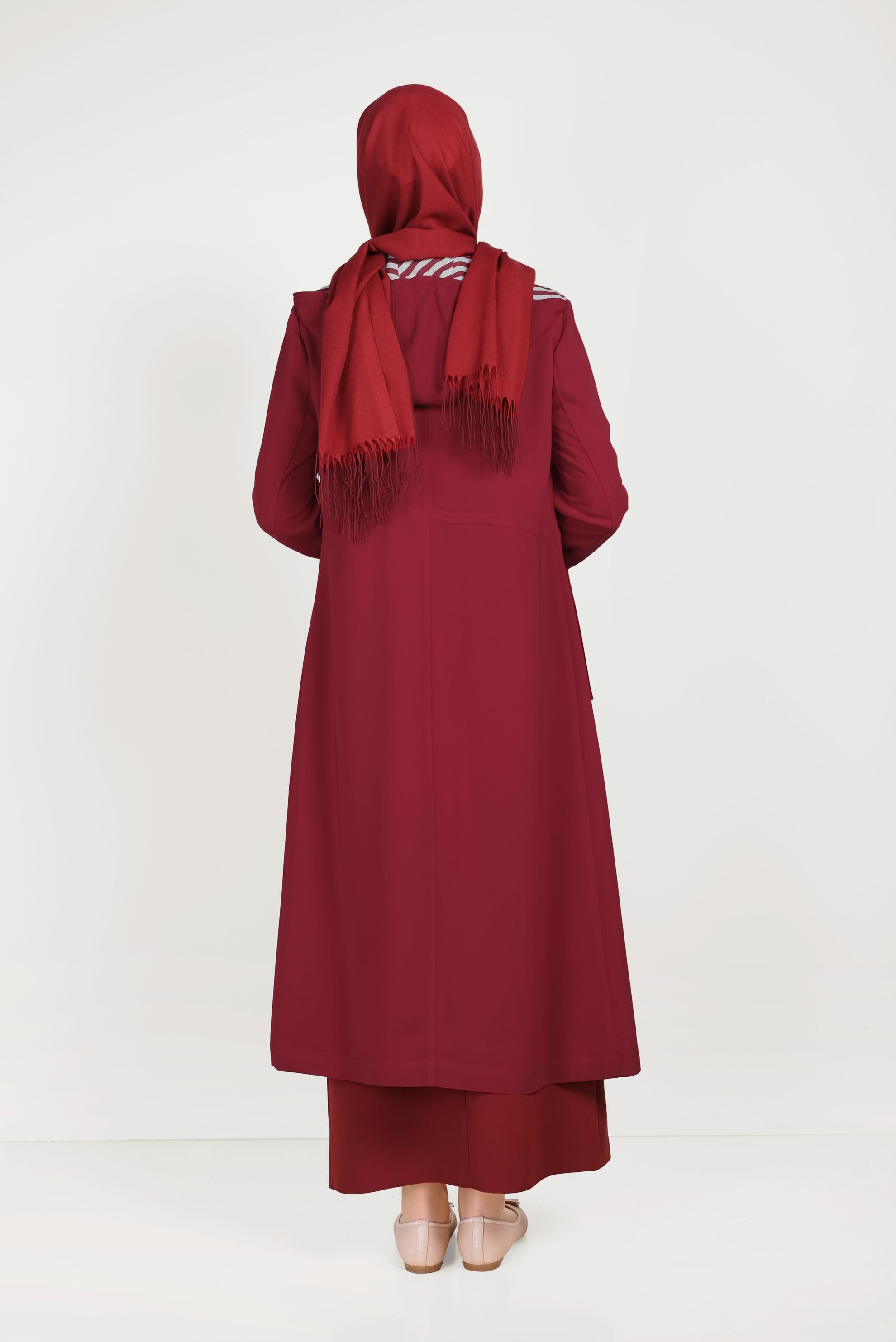 Tesettür giyim KIRMIZI KAPÜŞONLU FERMUARLI TRENÇKOT 10150