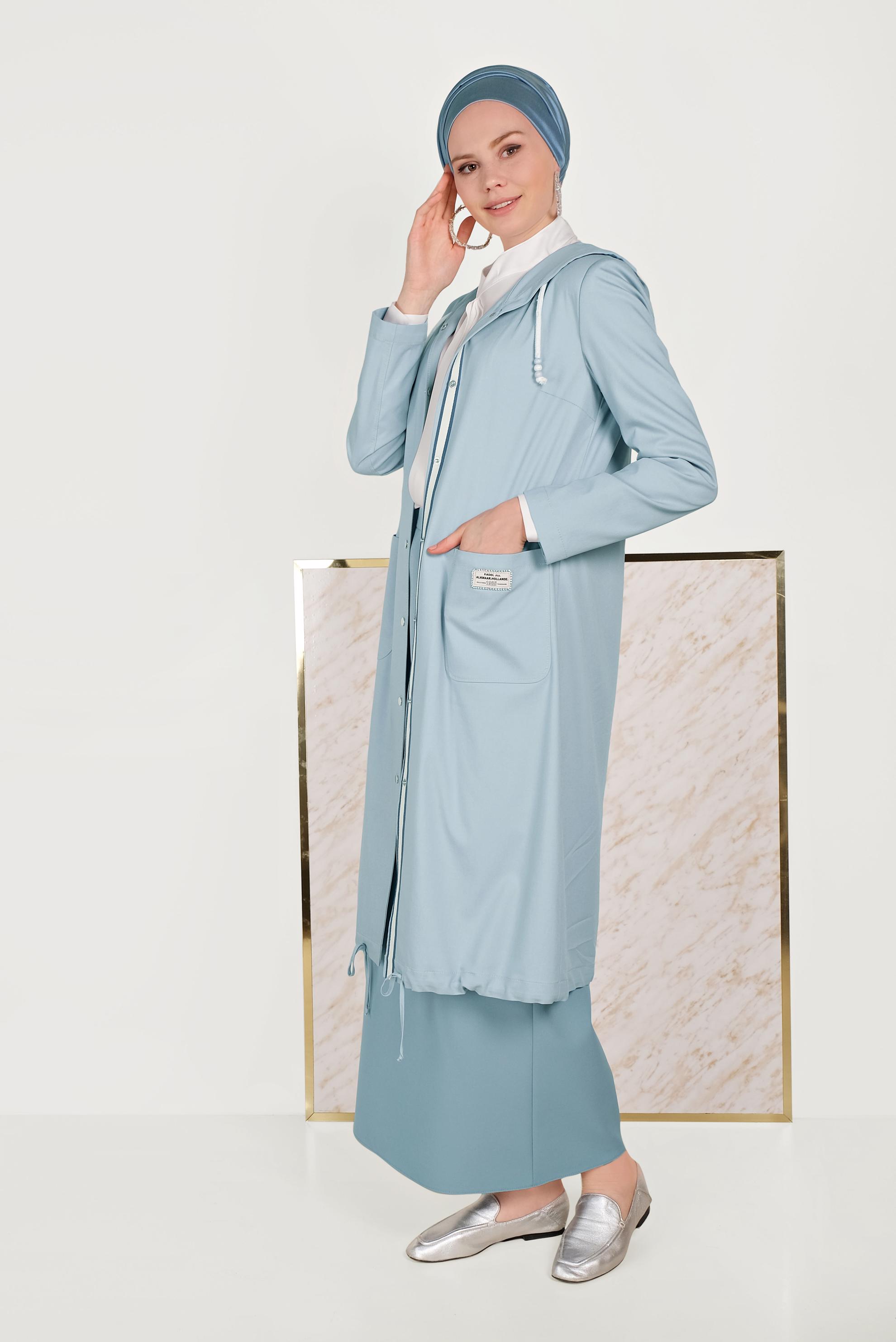 Tesettür giyim MAVİ ÇITÇITLI TRENÇKOT 10152