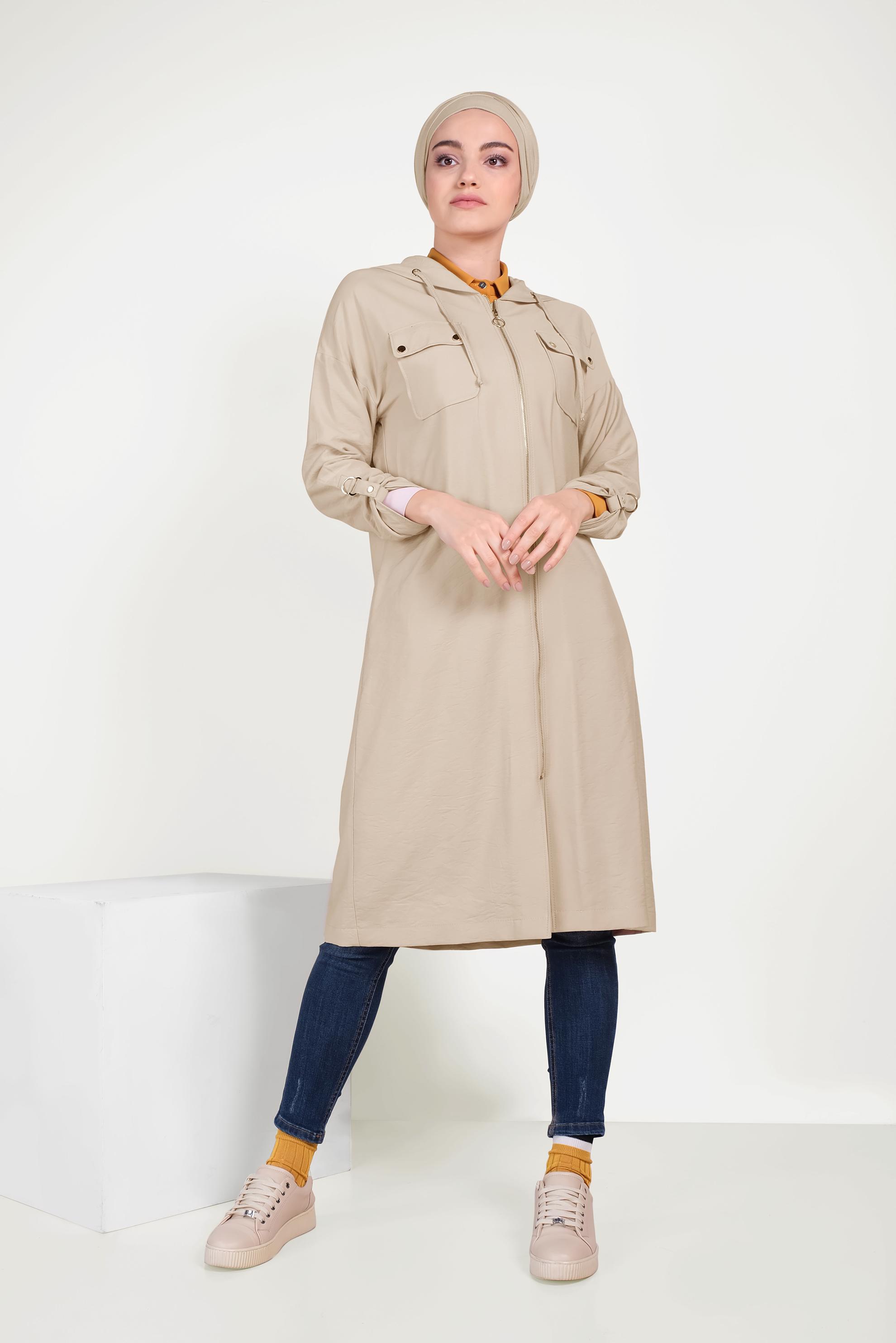 Tesettür giyim BEJ FERMUARLI SPOR TRENÇKOT 10154