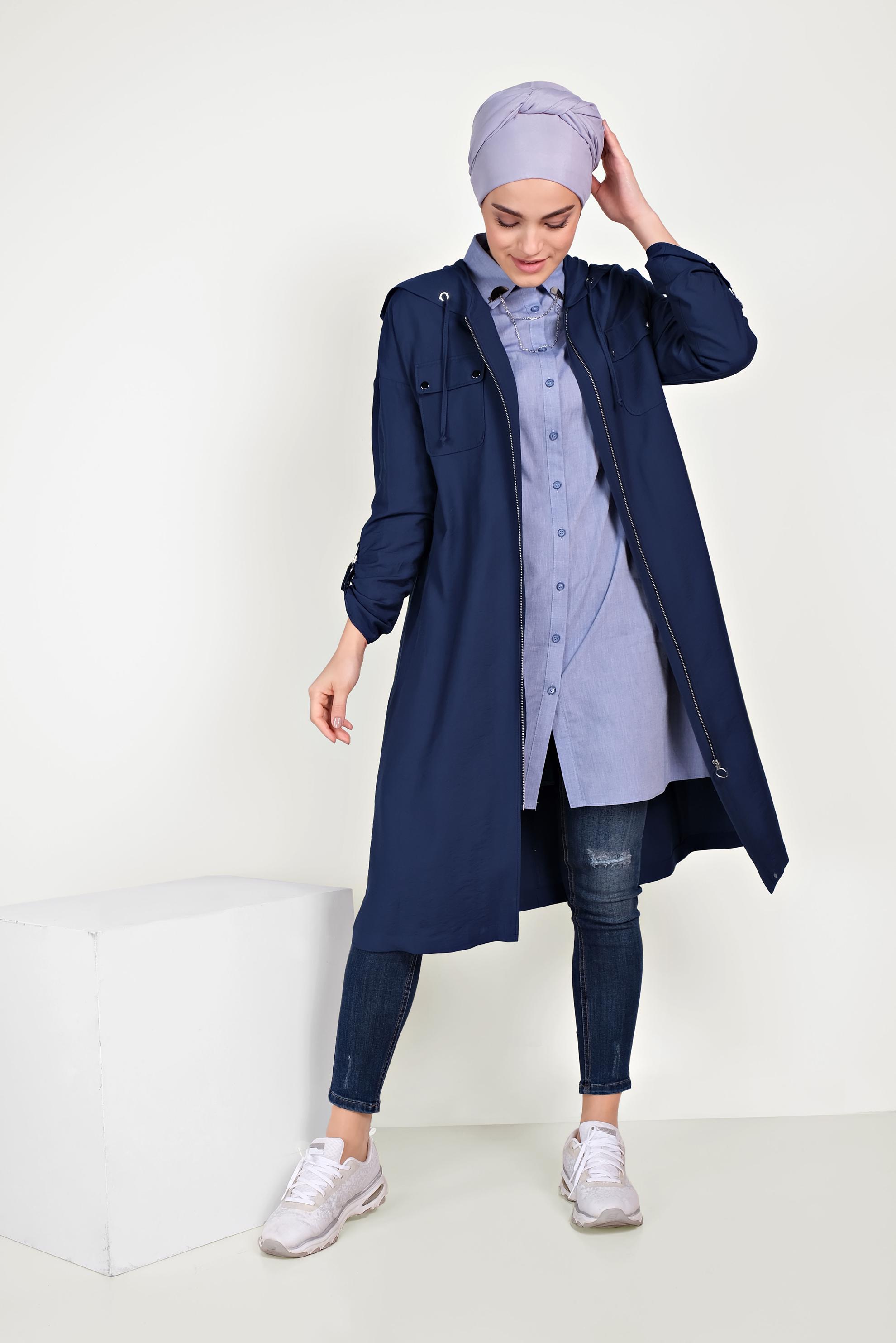 Tesettür giyim LACİVERT FERMUARLI SPOR TRENÇKOT 10154