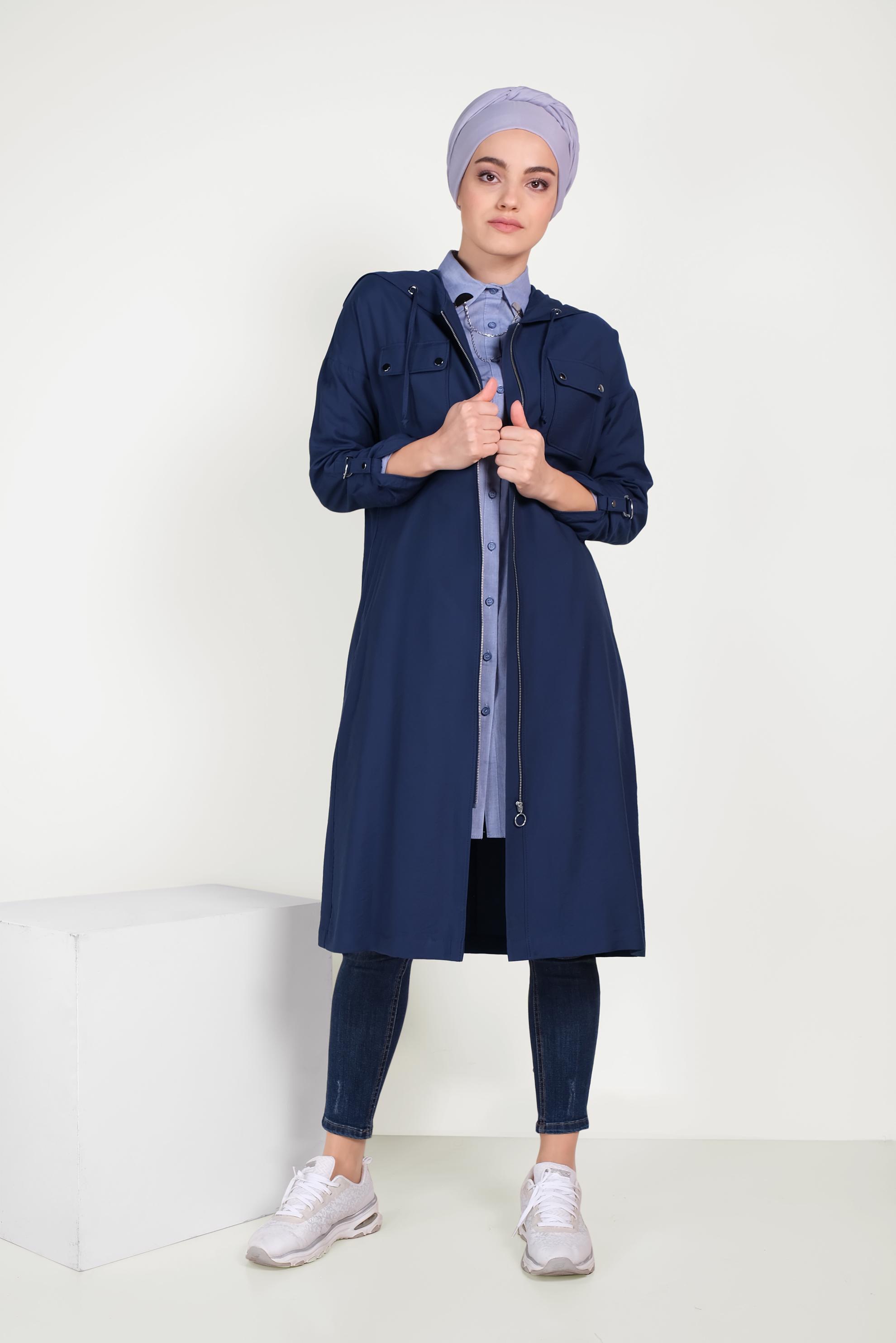 Tesettür giyim LACİVERT FERMUARLI SPOR TRENÇKOT 10154