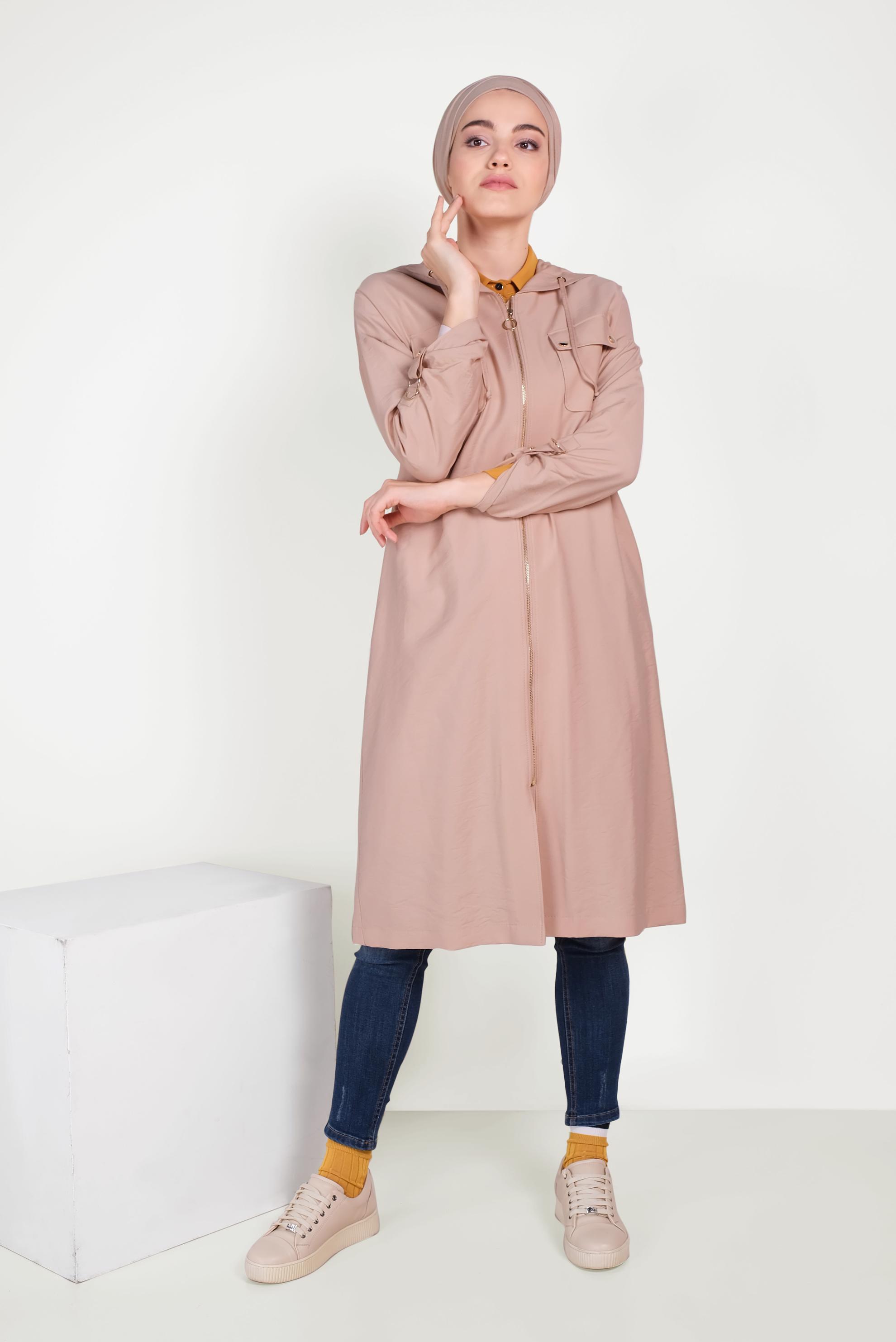Tesettür giyim PUDRA FERMUARLI SPOR TRENÇKOT 10154