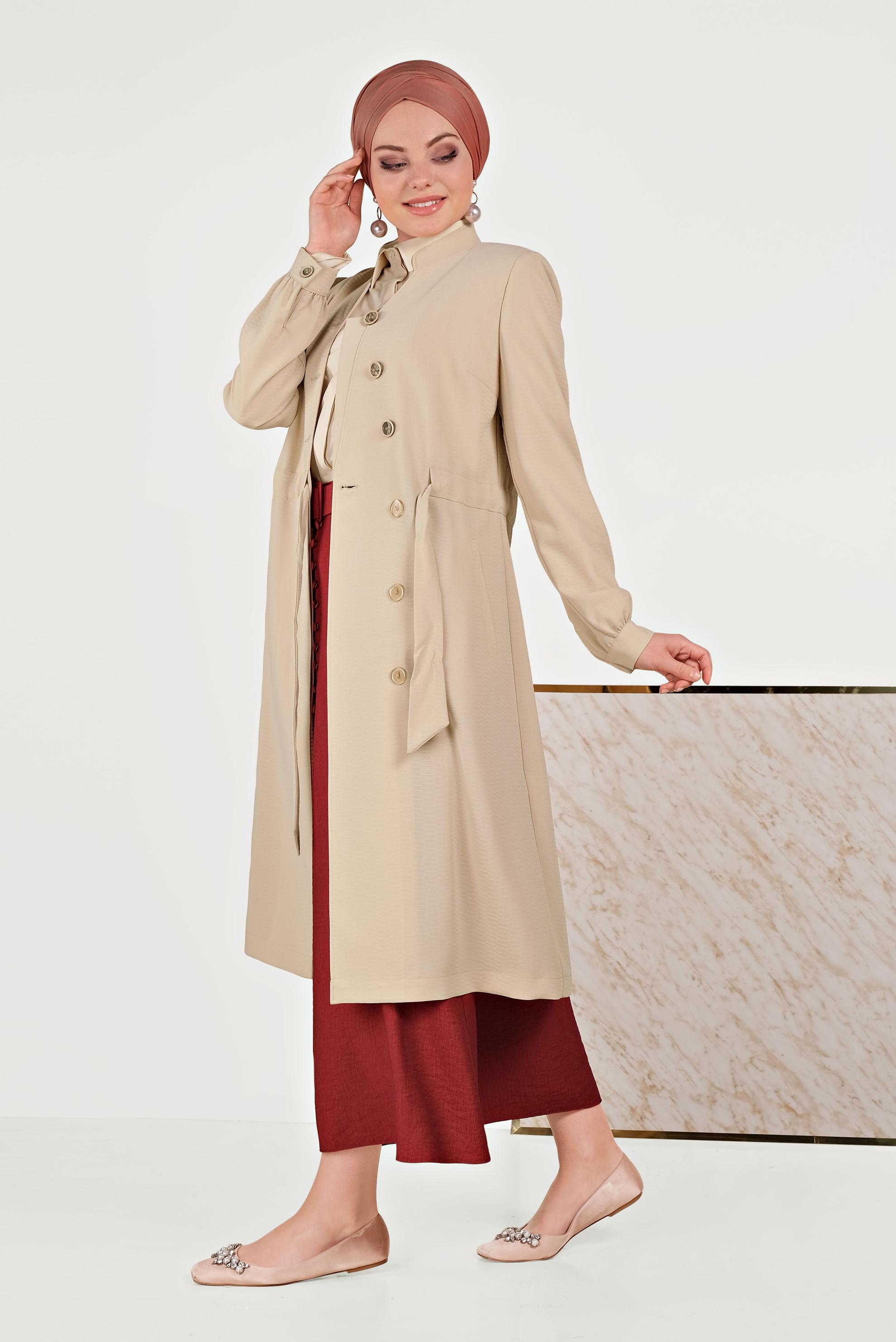 Tesettür giyim BEJ HAKİM YAKA KUŞAKLI TRENÇKOT 10171