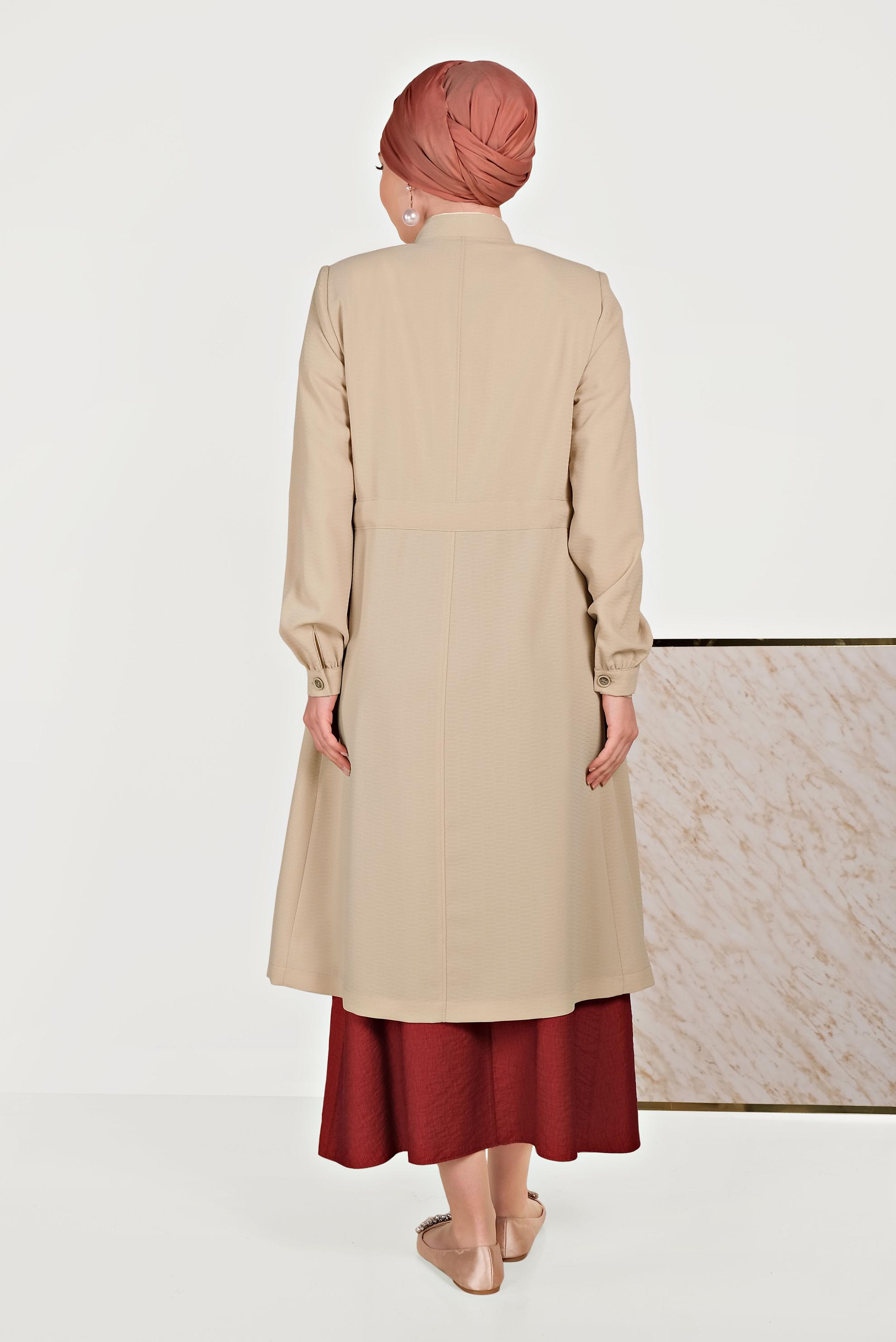 Tesettür giyim BEJ HAKİM YAKA KUŞAKLI TRENÇKOT 10171