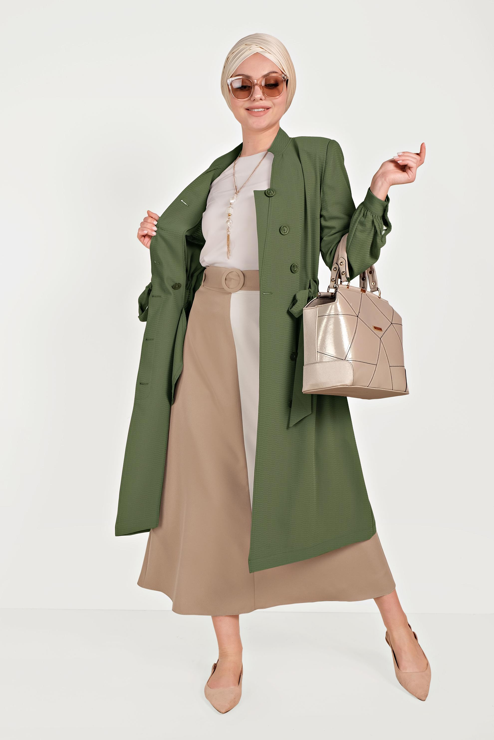 Tesettür giyim HAKİ HAKİM YAKA KUŞAKLI TRENÇKOT 10171