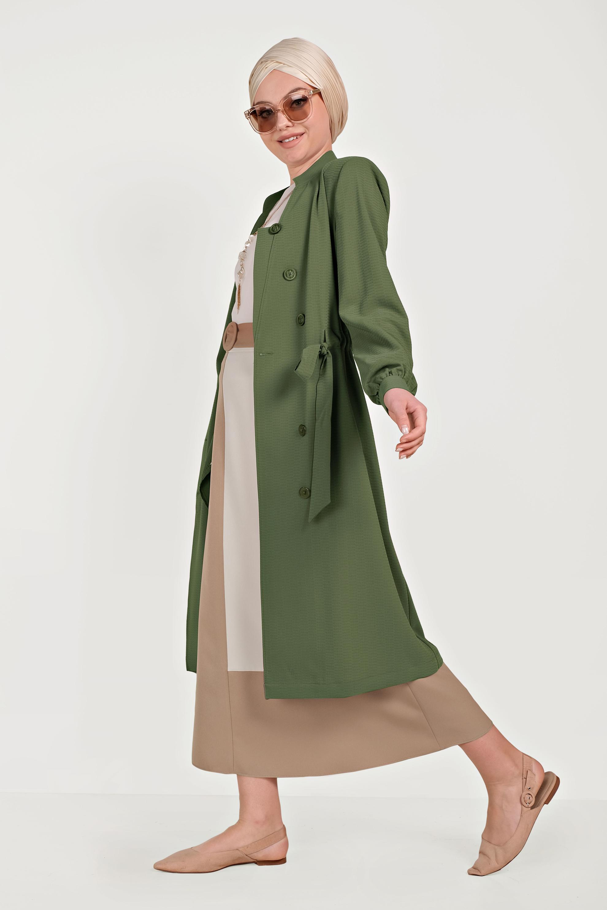 Tesettür giyim HAKİ HAKİM YAKA KUŞAKLI TRENÇKOT 10171
