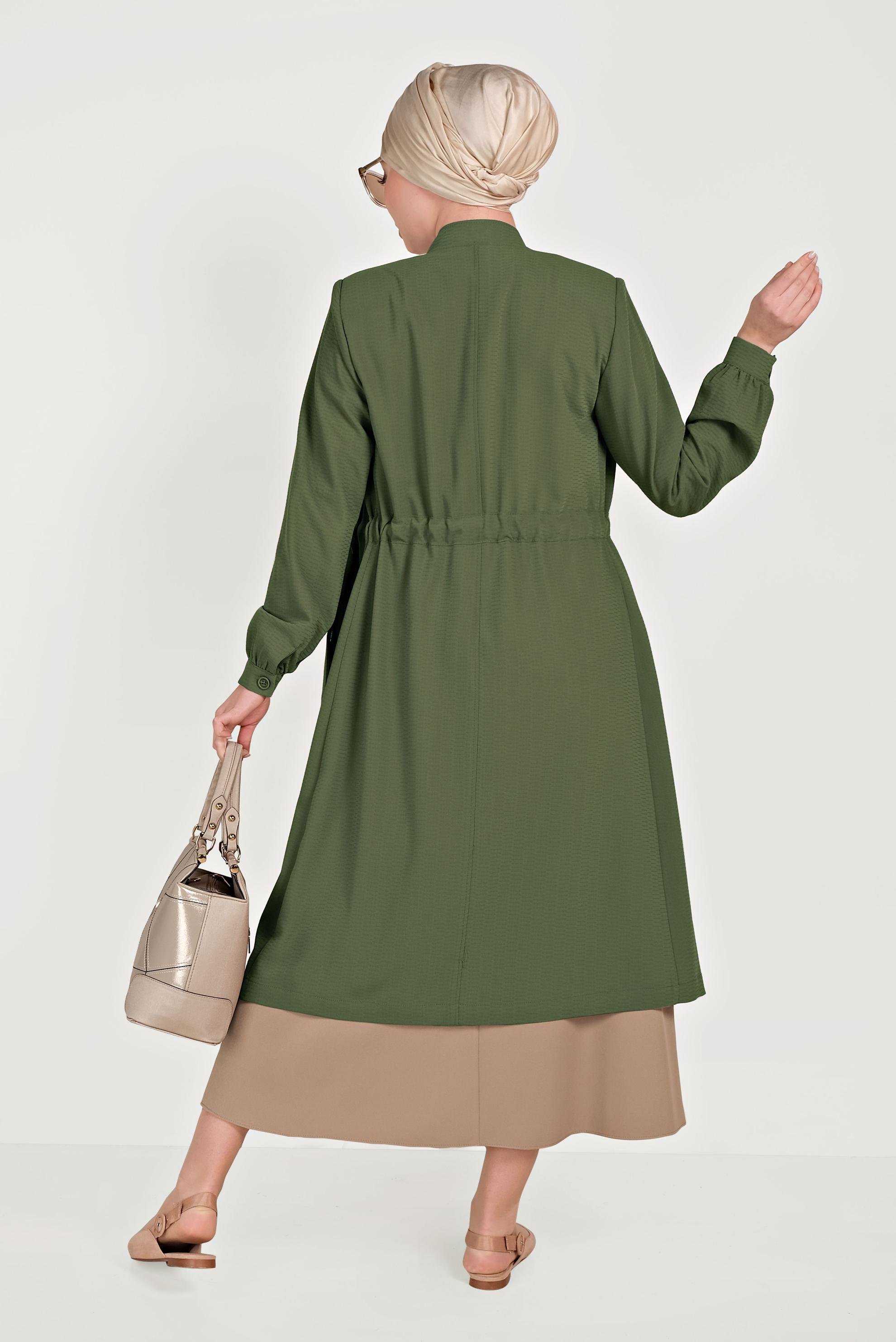 Tesettür giyim HAKİ HAKİM YAKA KUŞAKLI TRENÇKOT 10171