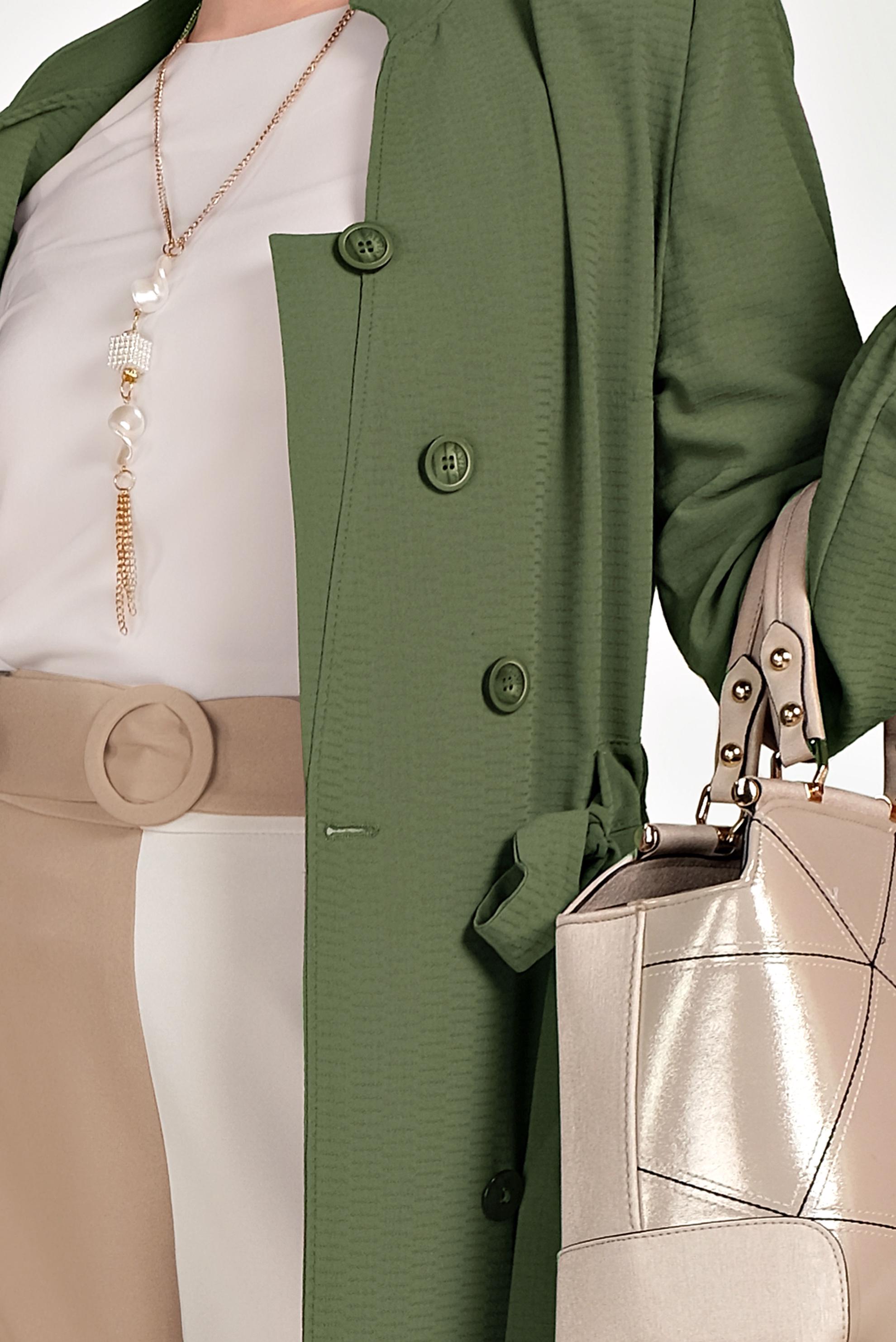 Tesettür giyim HAKİ HAKİM YAKA KUŞAKLI TRENÇKOT 10171