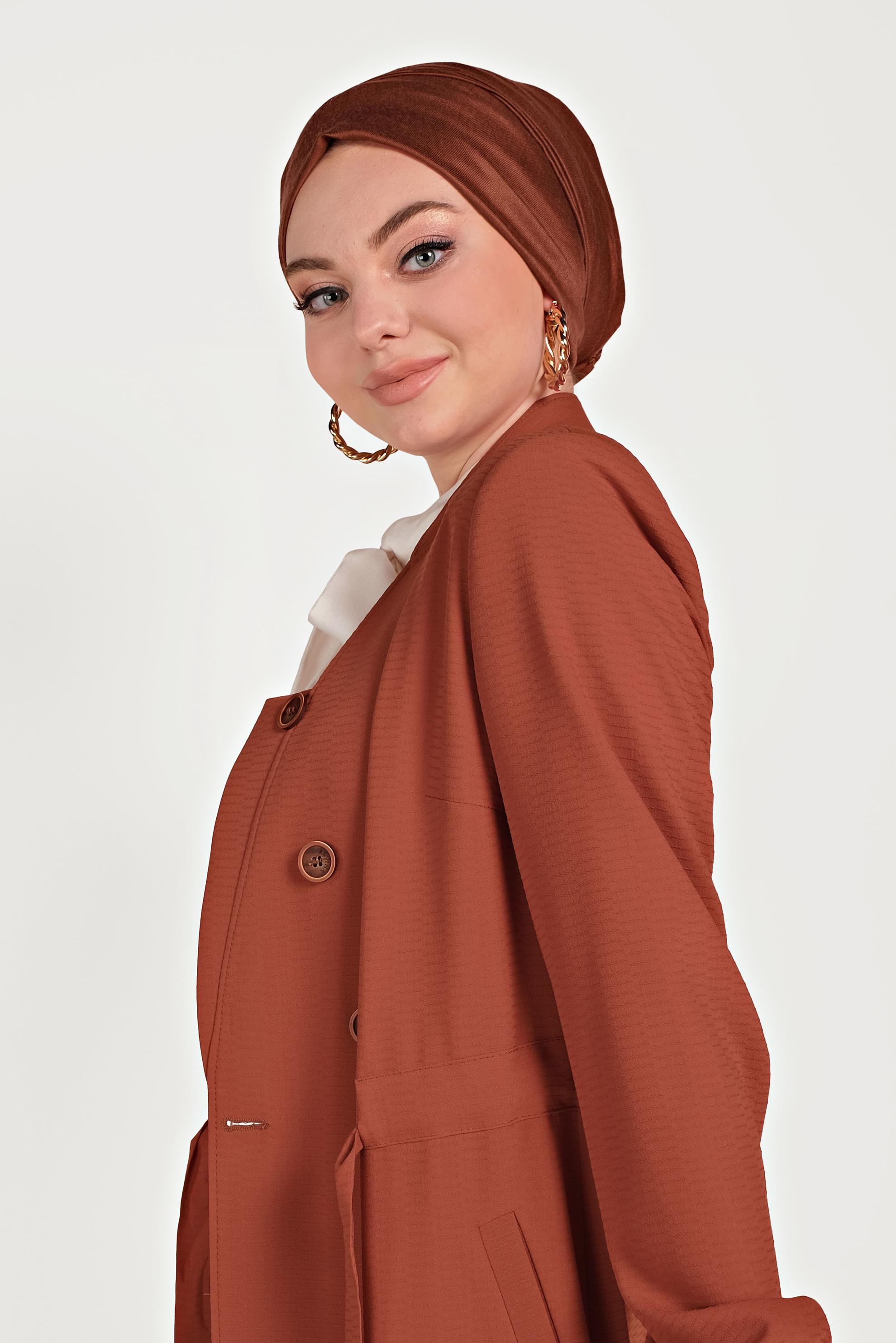 Tesettür giyim TURUNCU HAKİM YAKA KUŞAKLI TRENÇKOT 10171