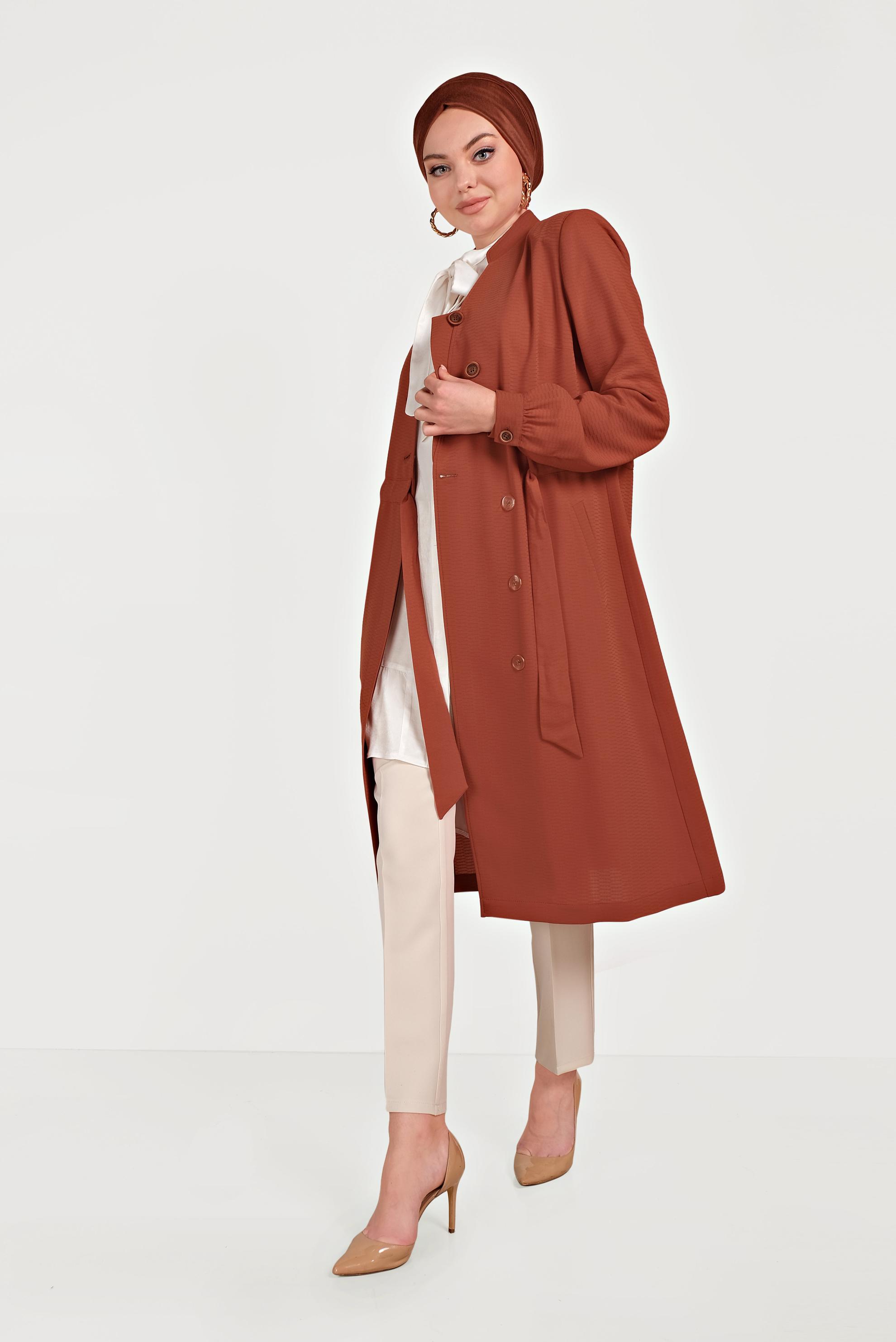 Tesettür giyim TURUNCU HAKİM YAKA KUŞAKLI TRENÇKOT 10171