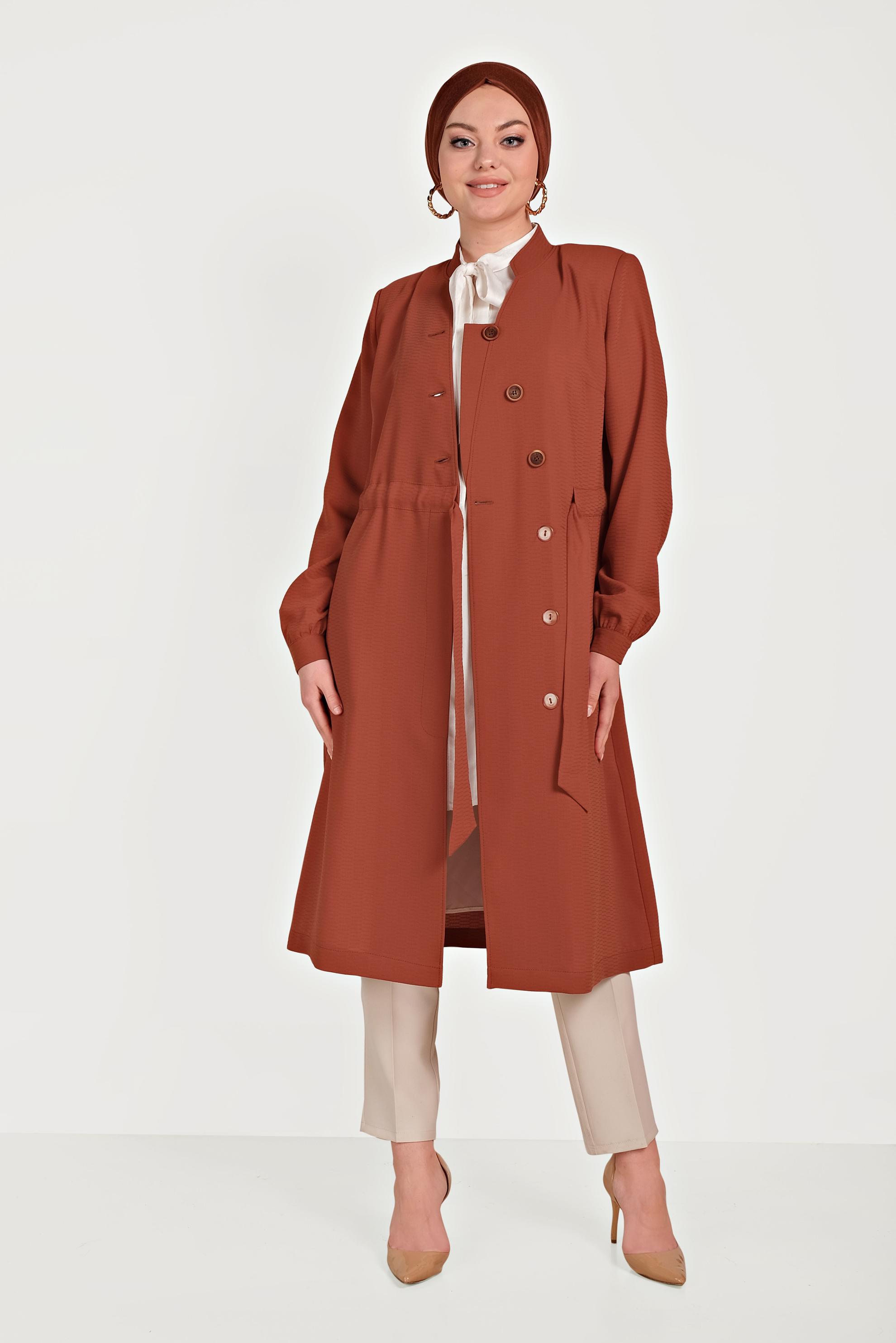 Tesettür giyim TURUNCU HAKİM YAKA KUŞAKLI TRENÇKOT 10171