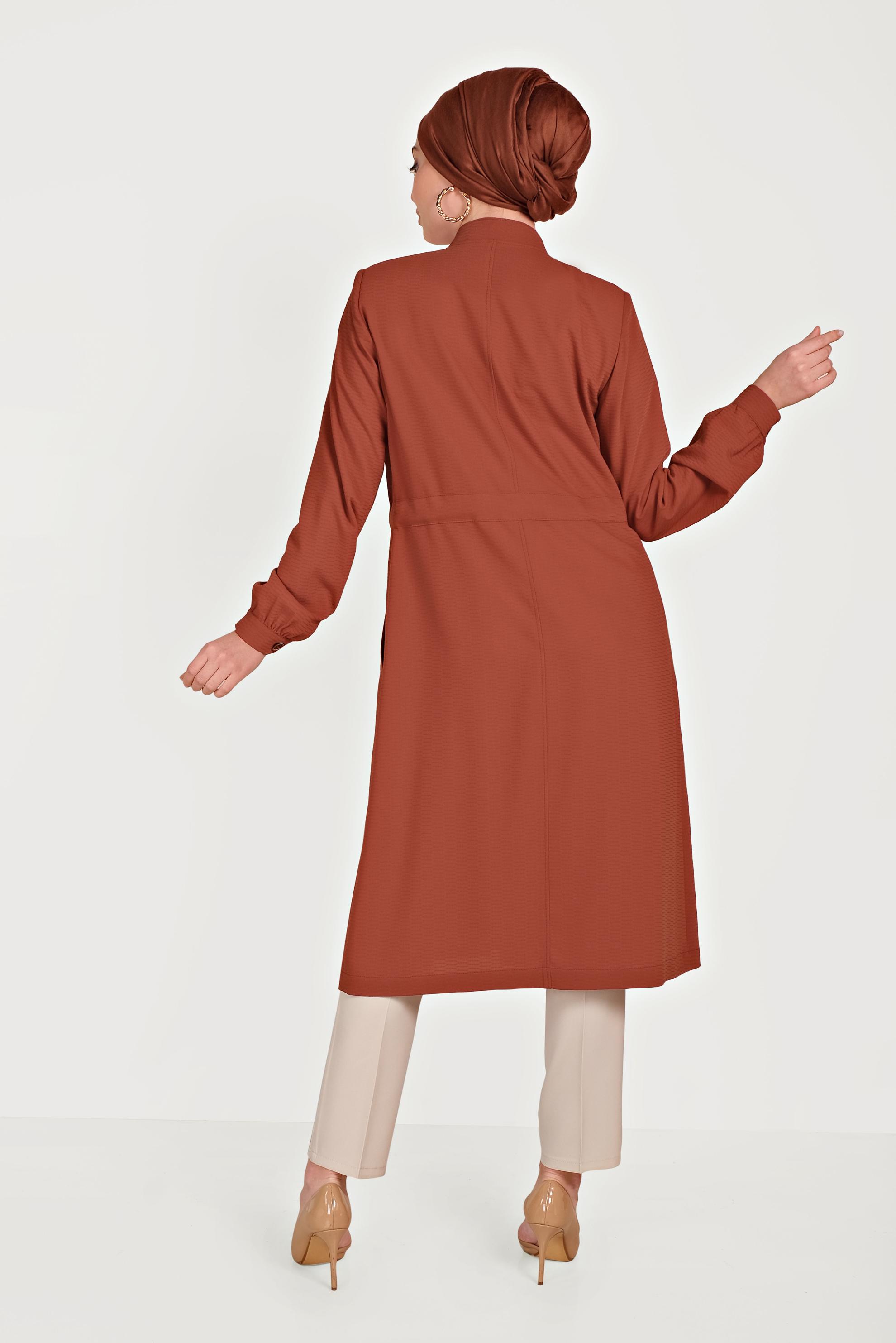 Tesettür giyim TURUNCU HAKİM YAKA KUŞAKLI TRENÇKOT 10171