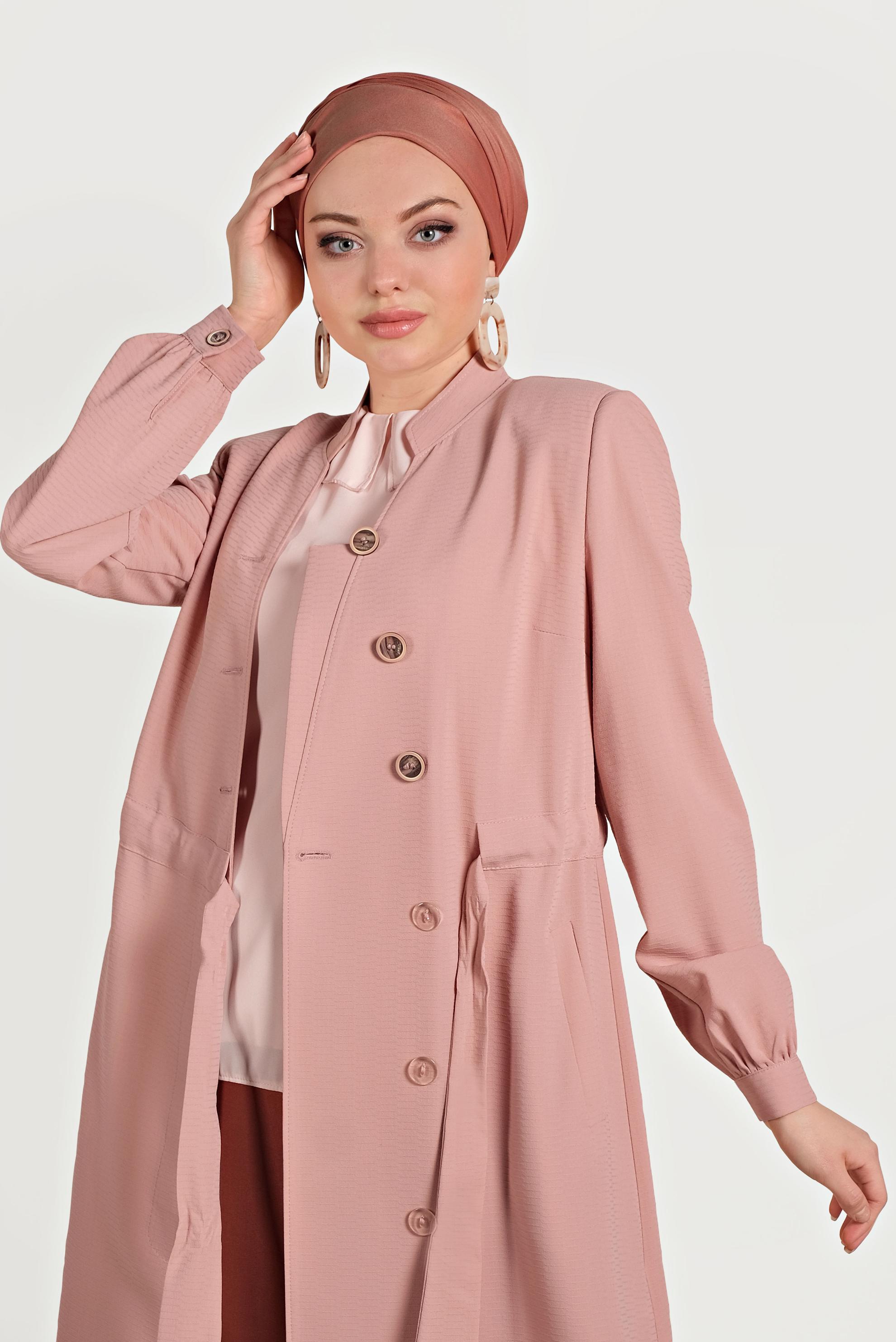 Tesettür giyim PUDRA HAKİM YAKA KUŞAKLI TRENÇKOT 10171