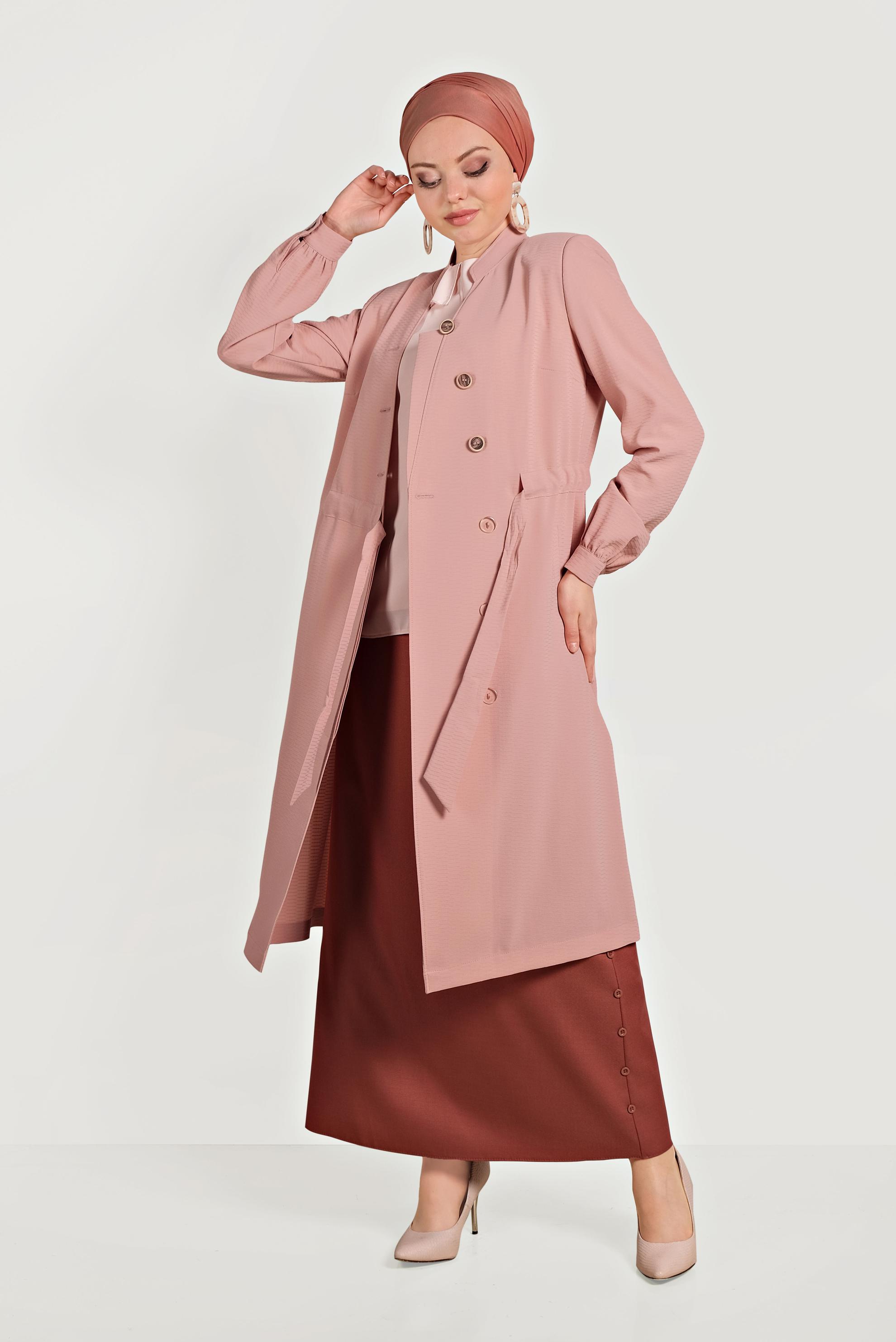 Tesettür giyim PUDRA HAKİM YAKA KUŞAKLI TRENÇKOT 10171