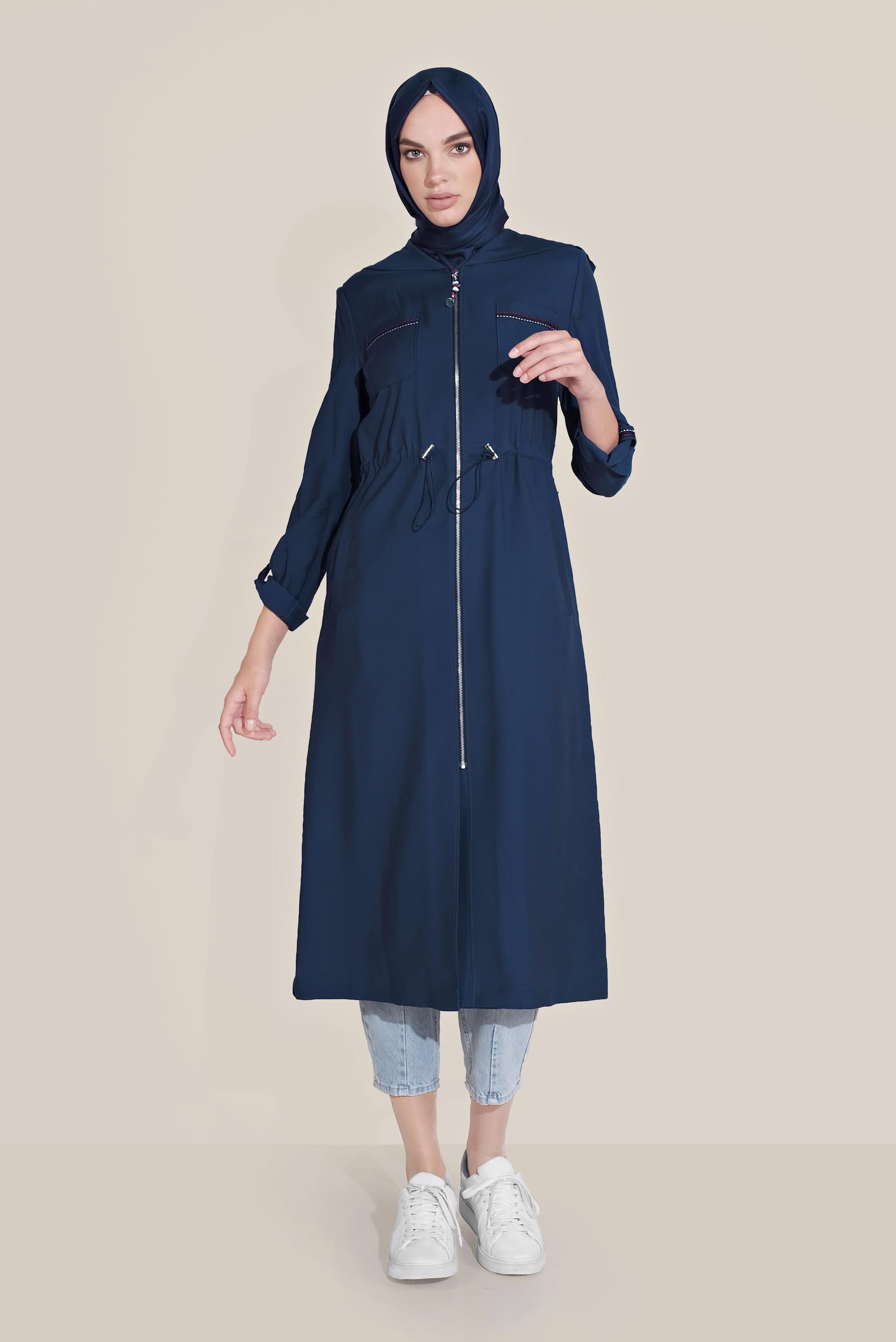 Tesettür giyim LACİVERT BELİ LASTİKLİ YIRTMACI DÜĞMELİ TRENÇKOT 10172