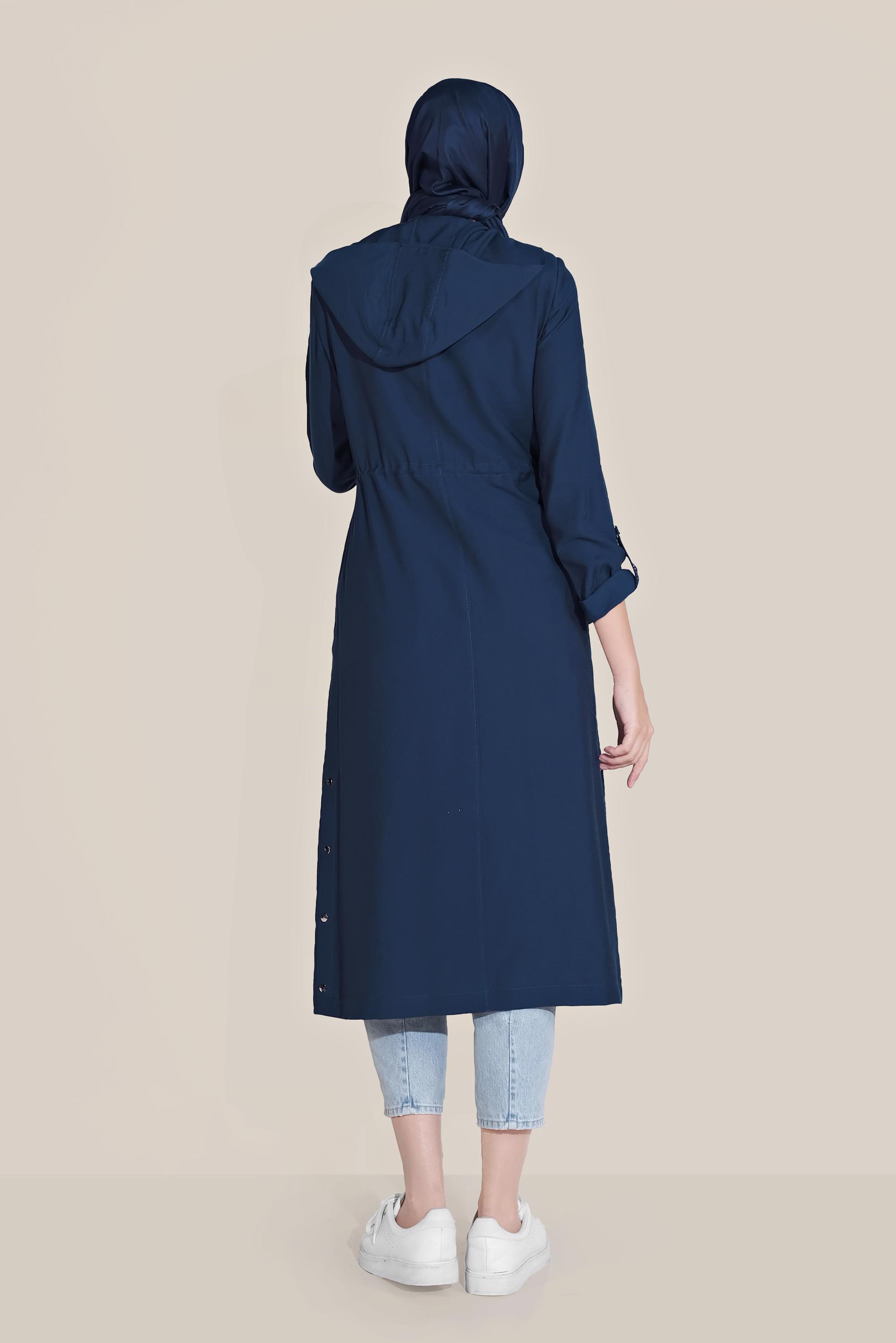 Tesettür giyim LACİVERT BELİ LASTİKLİ YIRTMACI DÜĞMELİ TRENÇKOT 10172