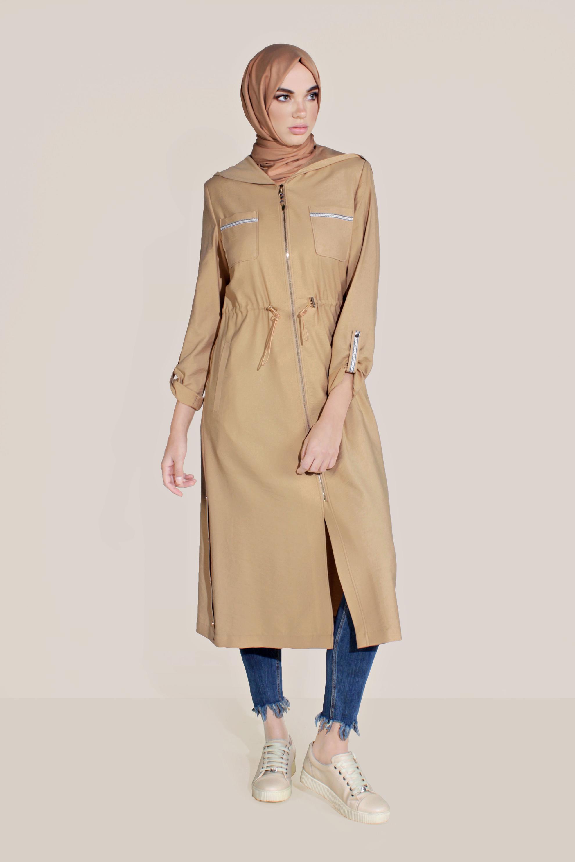 Tesettür giyim KAHVE BELİ LASTİKLİ YIRTMACI DÜĞMELİ TRENÇKOT 10172