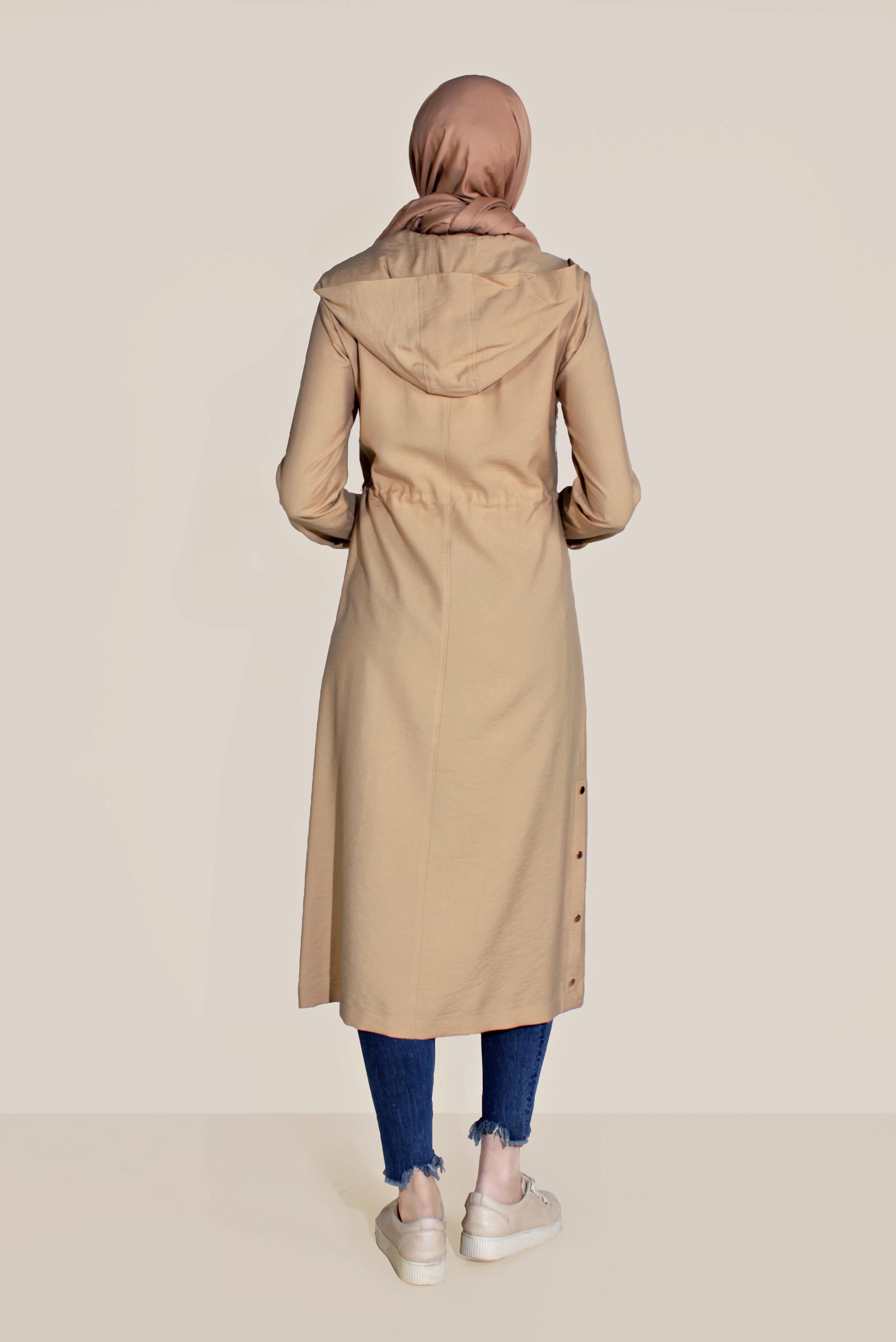 Tesettür giyim KAHVE BELİ LASTİKLİ YIRTMACI DÜĞMELİ TRENÇKOT 10172