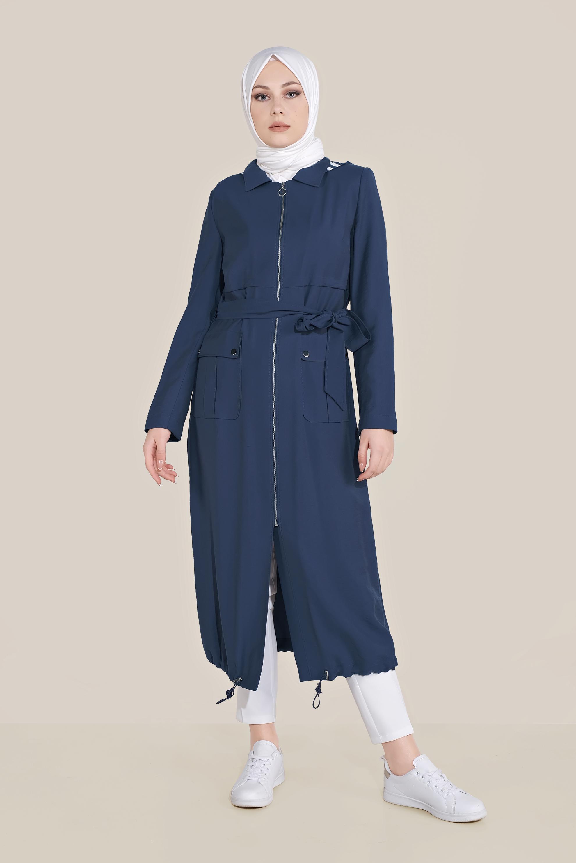 Tesettür giyim LACİVERT KUŞAKLI KAPÜŞONLU TRENÇKOT 10174