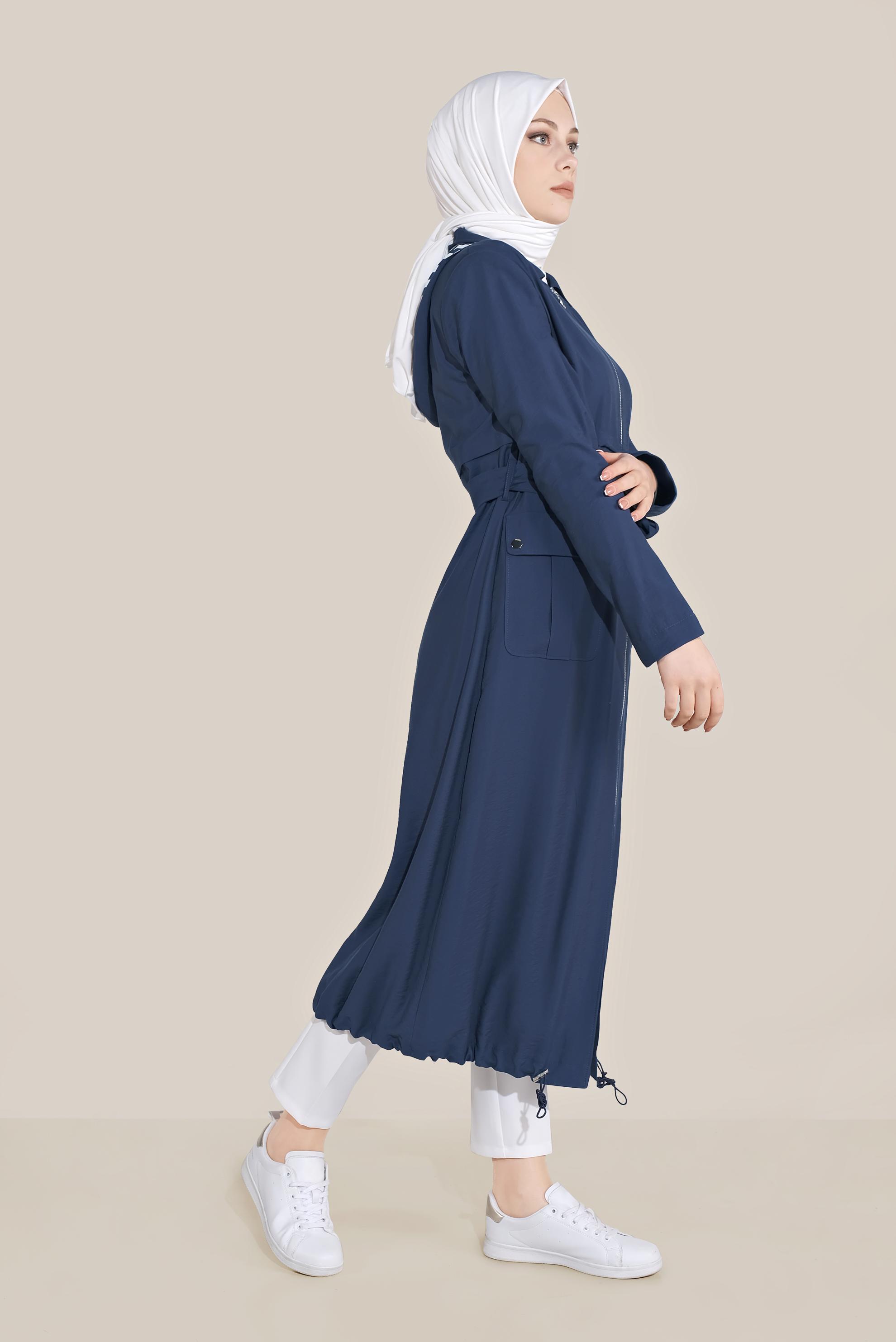 Tesettür giyim LACİVERT KUŞAKLI KAPÜŞONLU TRENÇKOT 10174