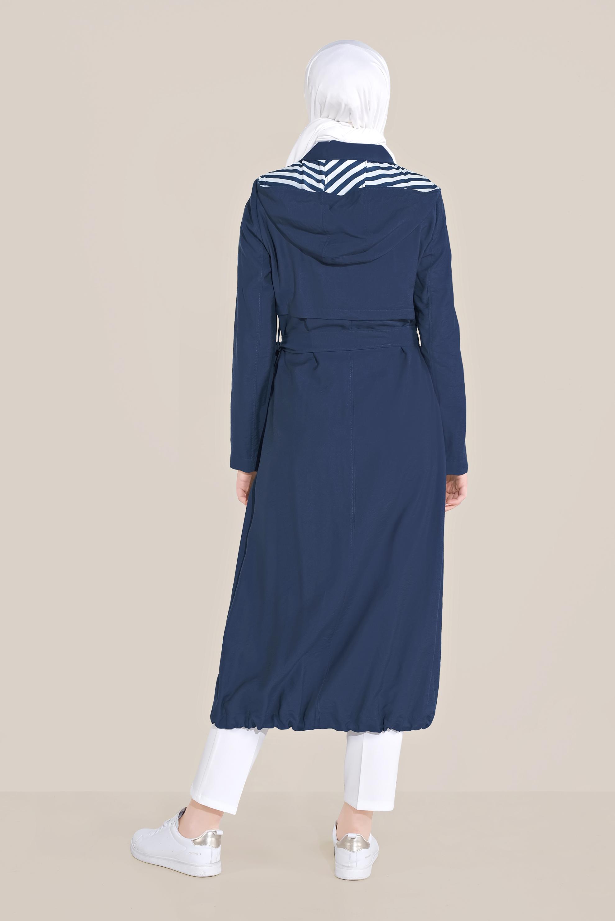 Tesettür giyim LACİVERT KUŞAKLI KAPÜŞONLU TRENÇKOT 10174