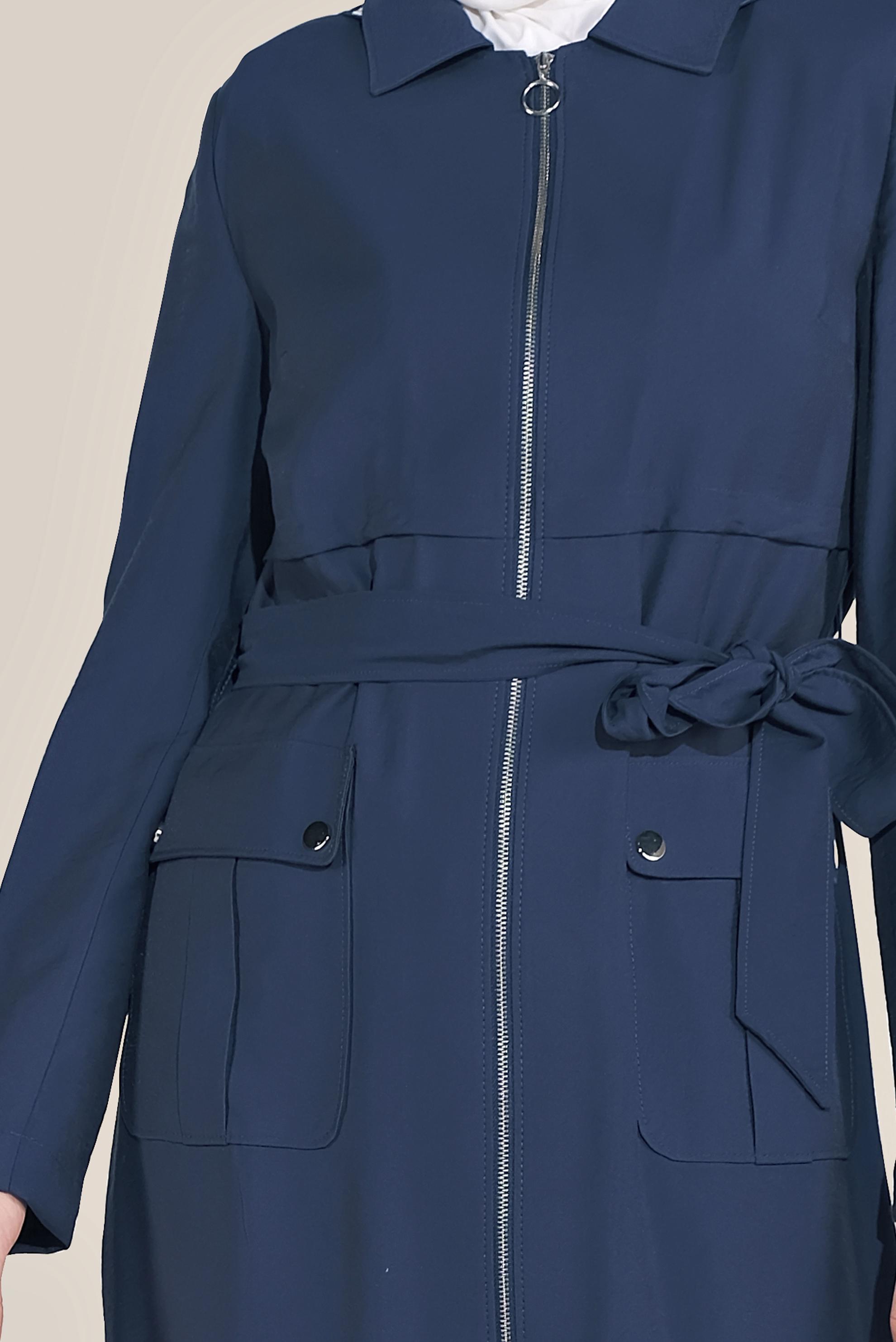 Tesettür giyim LACİVERT KUŞAKLI KAPÜŞONLU TRENÇKOT 10174