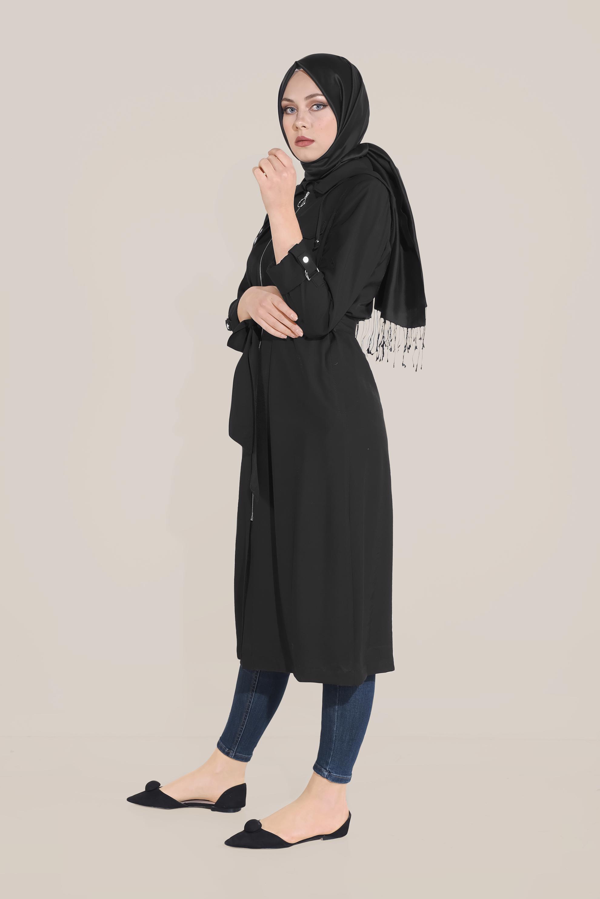 Tesettür giyim SİYAH KAPÜŞONLU KUŞAKLI TRENÇKOT 10175