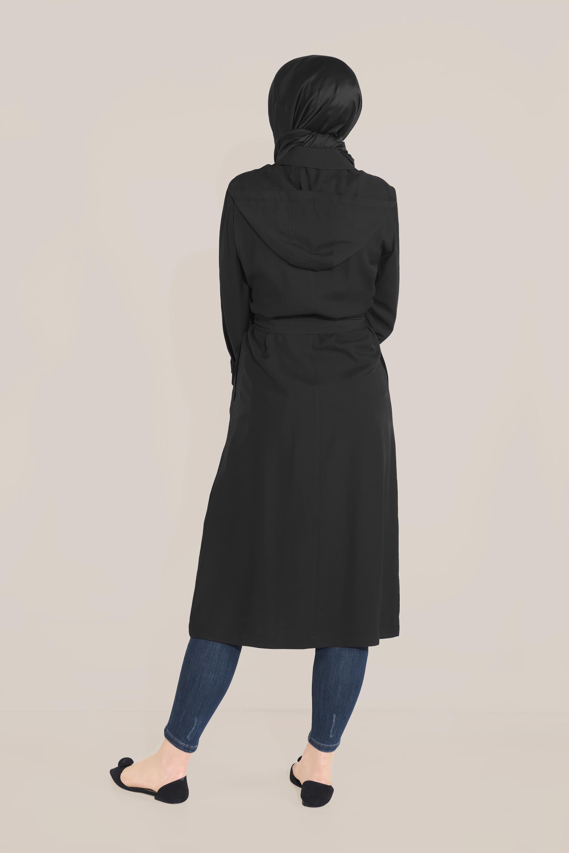 Tesettür giyim SİYAH KAPÜŞONLU KUŞAKLI TRENÇKOT 10175