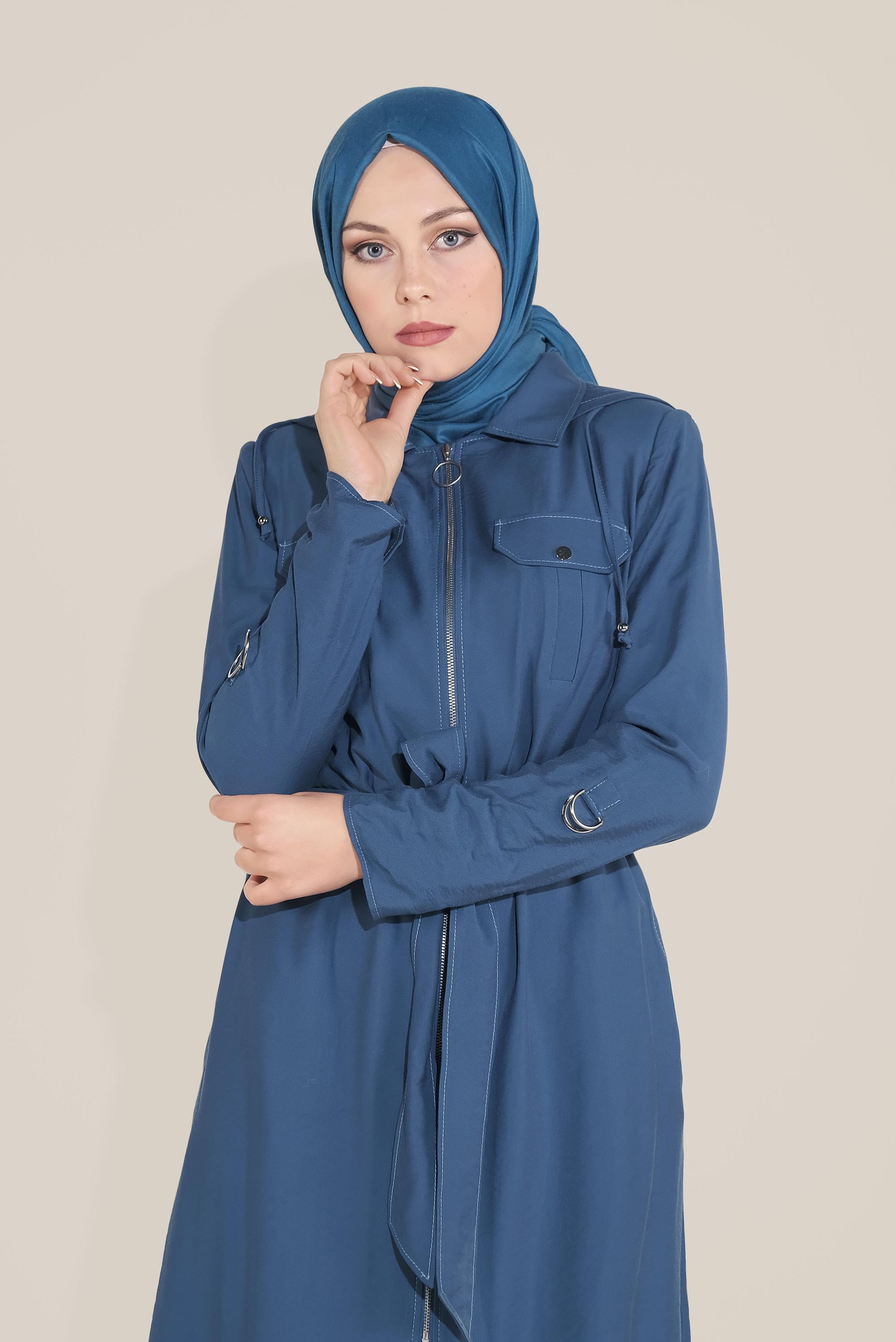 Tesettür giyim LACİVERT KAPÜŞONLU KUŞAKLI TRENÇKOT 10175